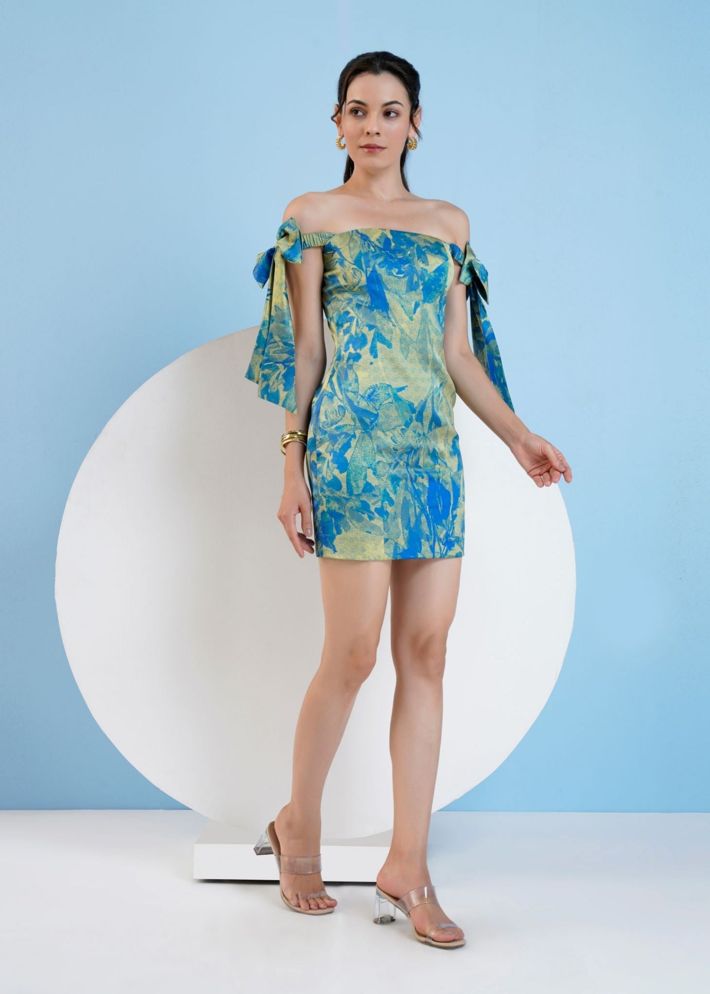 Gold Foil Fitted Bodycon Mini Dress Blue & Gold Foil / 2XL Gold Foil Fitted Bodycon Mini Dress Blue & Gold Foil / 2XL