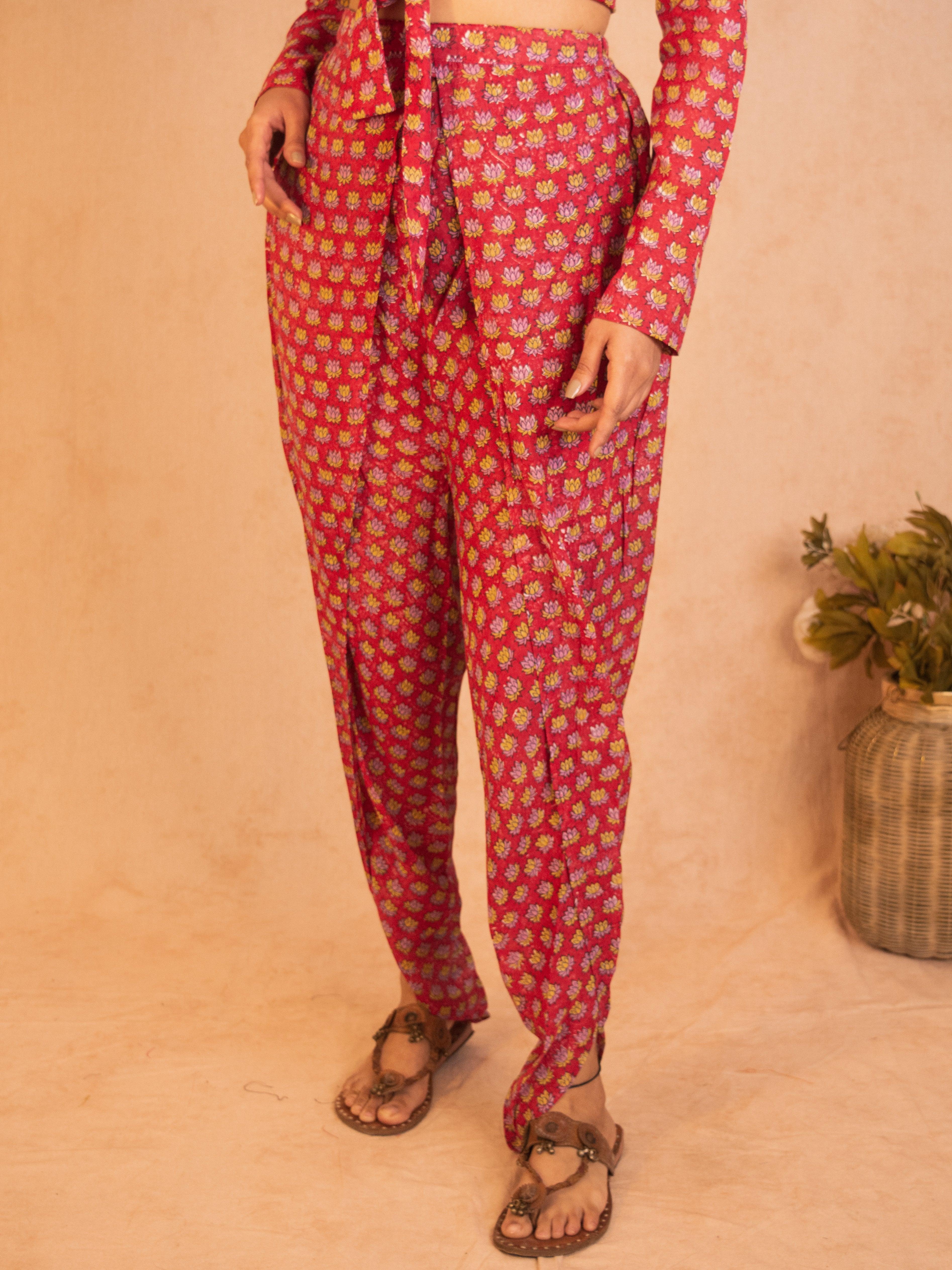 Red Hand Block Printed Silk Dhoti Pant - trueBrowns