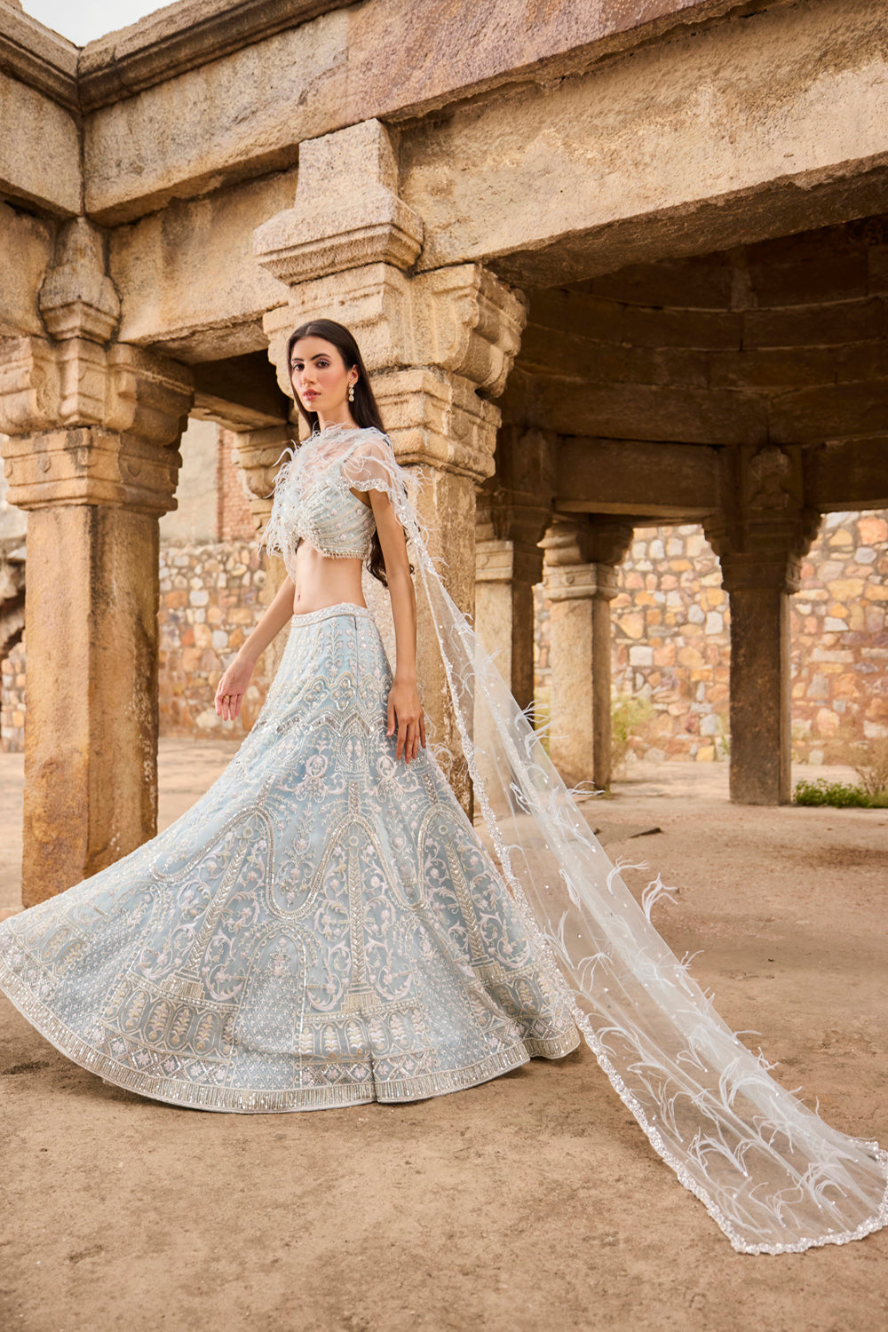 "Elisa" Pearl Work Blue Hand Embroidered Lehenga Set With Feathered Cape