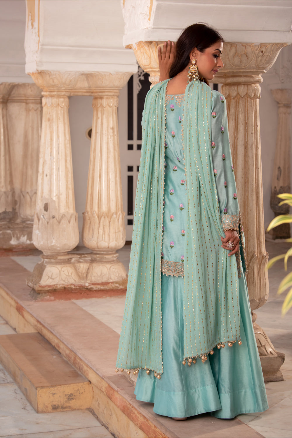 Ice Blue Chanderi Silk Straight Kurti Paired With Gharara And Mukaish Dupatta - Auraya Fashion