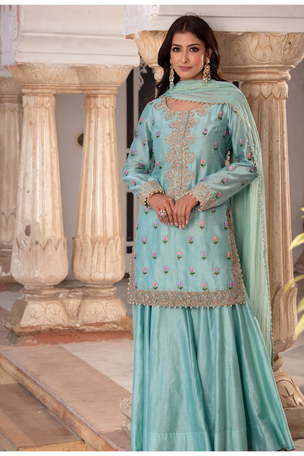 Ice Blue Chanderi Silk Straight Kurti Paired With Gharara And Mukaish Dupatta - Auraya Fashion - Guldavari -