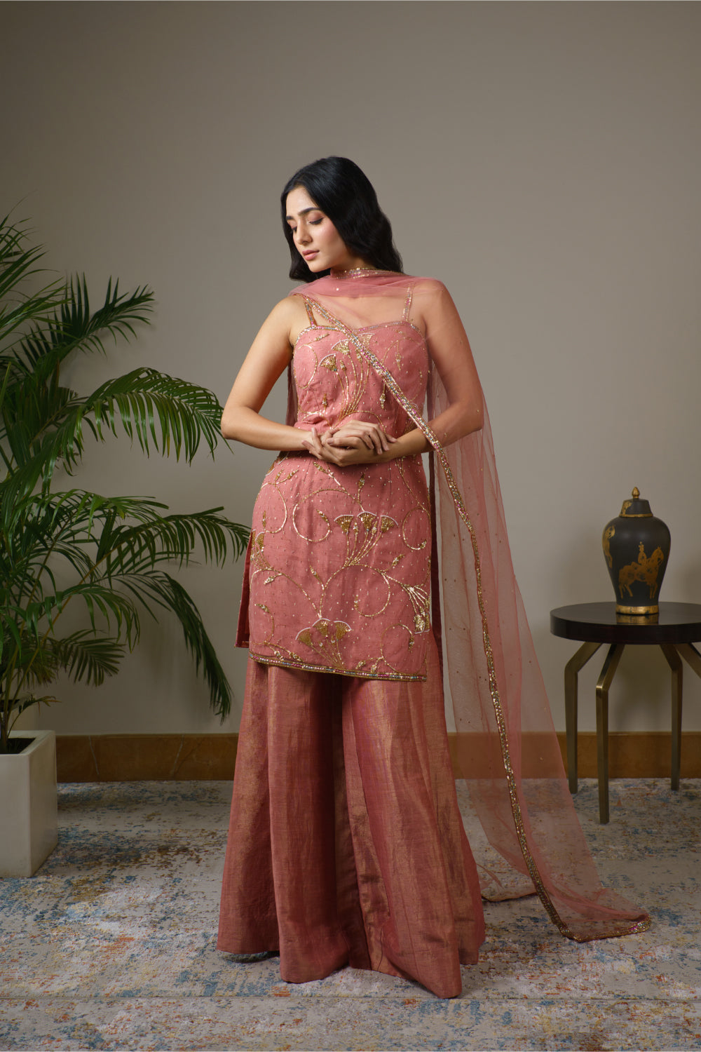 Dusty Pink Tulle Kurti  Paired With Kasab Silk Gharara And Dupatta - Auraya Fashion - Guldavari -