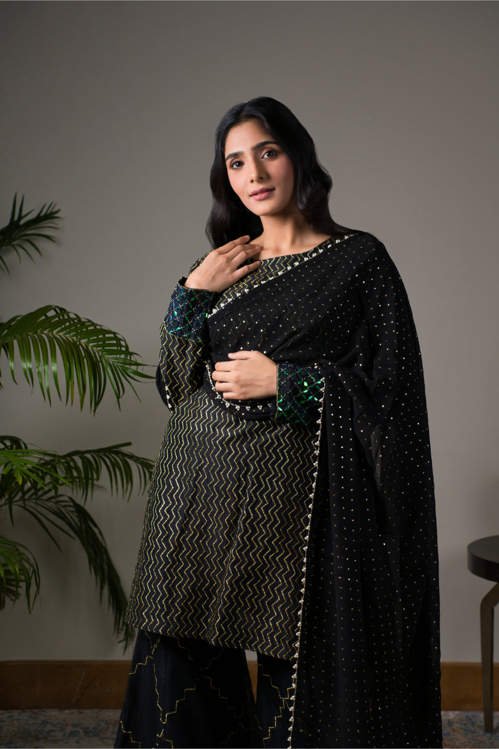 Black Chanderi Silk Kurti Paired With Gharara And Dupatta - Auraya Fashion