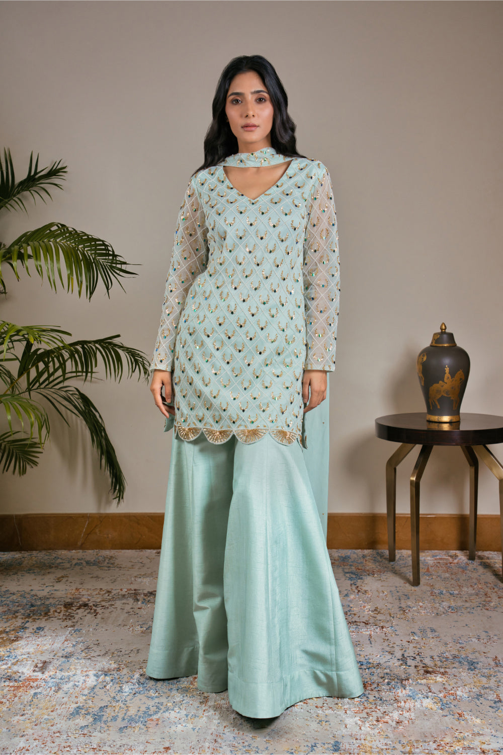 Ice Blue Tulle Kurti  Paired With Kasab Silk Gharara And Dupatta - Auraya Fashion - Guldavari -