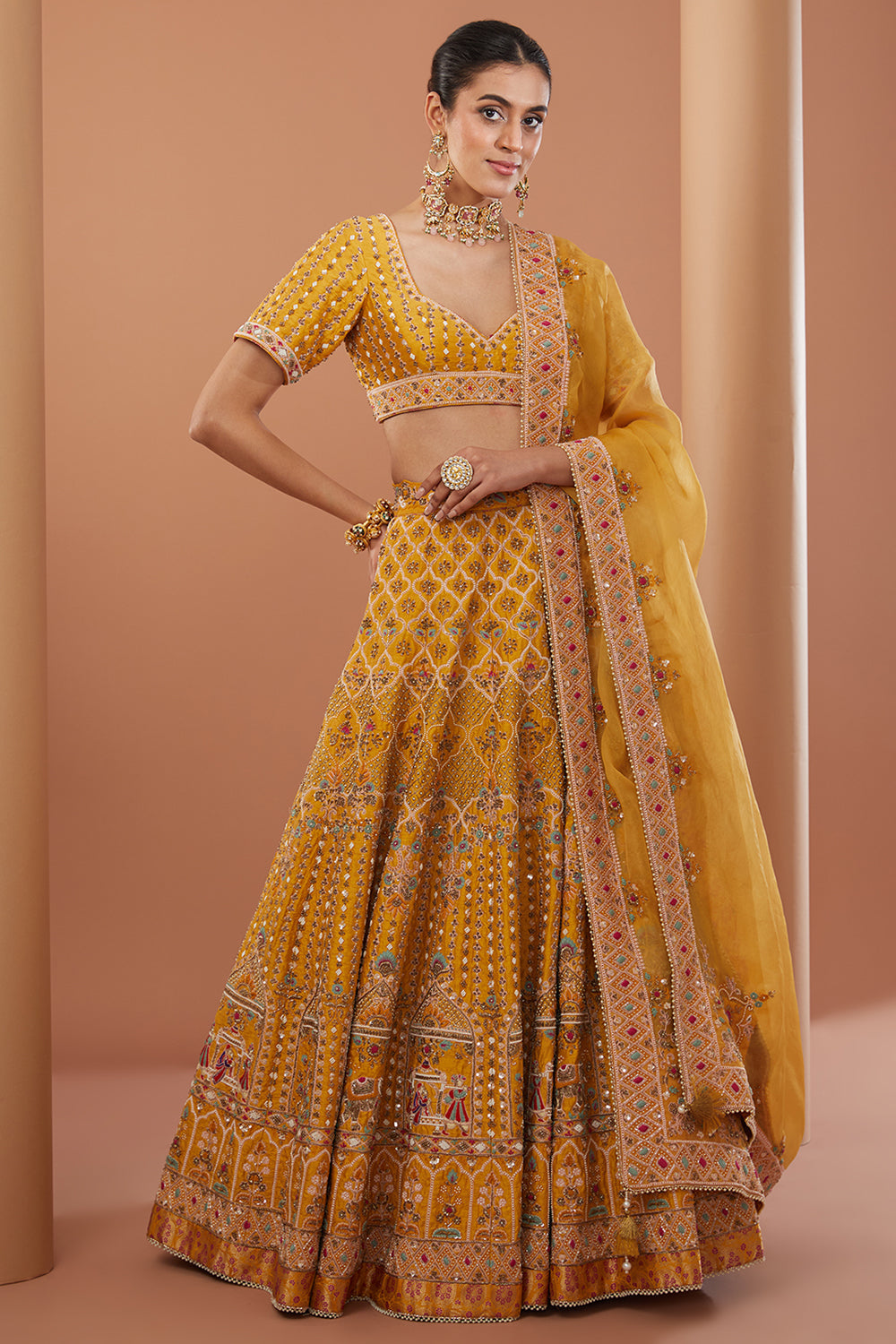 Yellow Raw Silk Hand Embroidered Lehenga Set