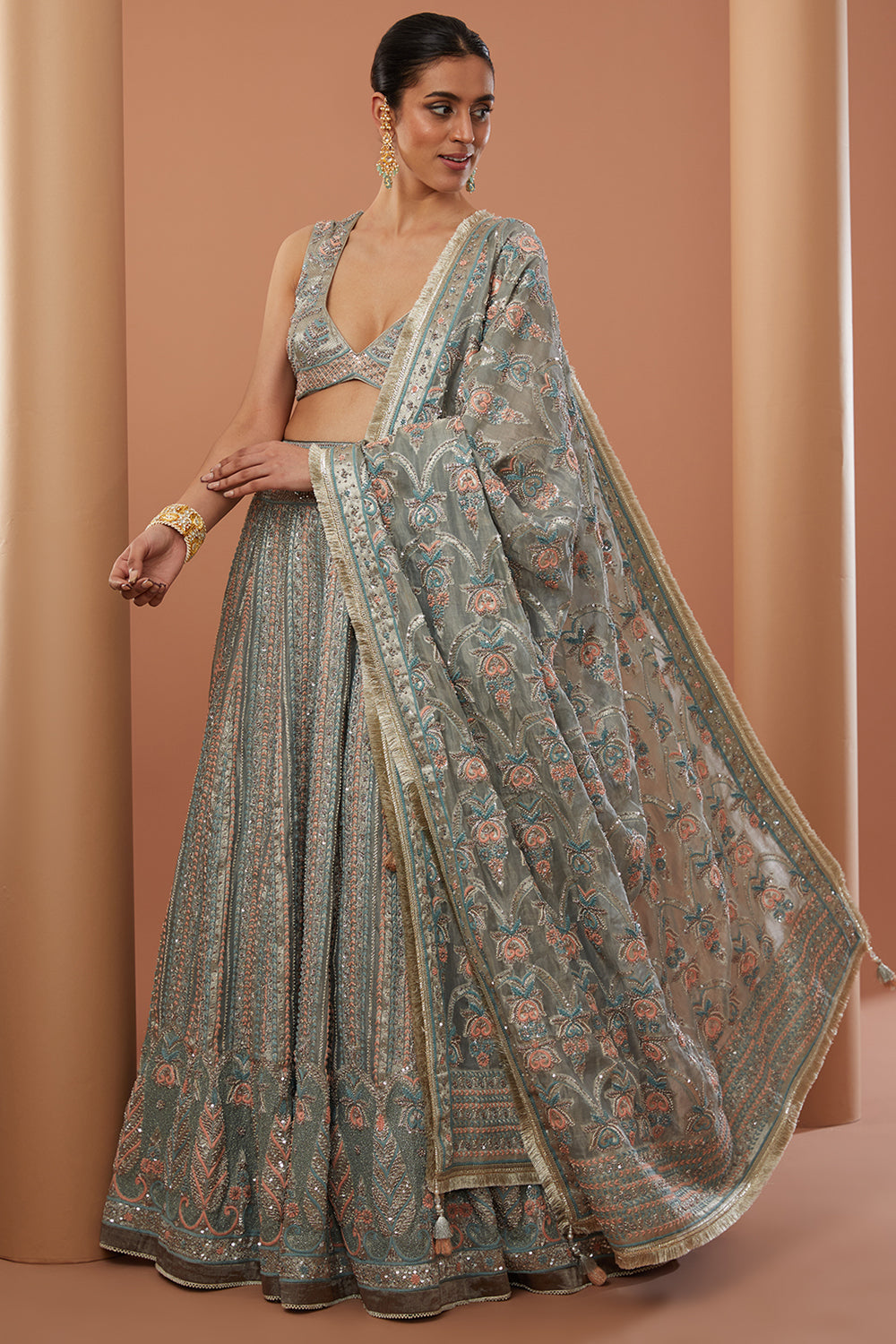 Grey Organza Tissue Hand Embroidered Lehanga Set - Auraya Fashion - House of Supriya -
