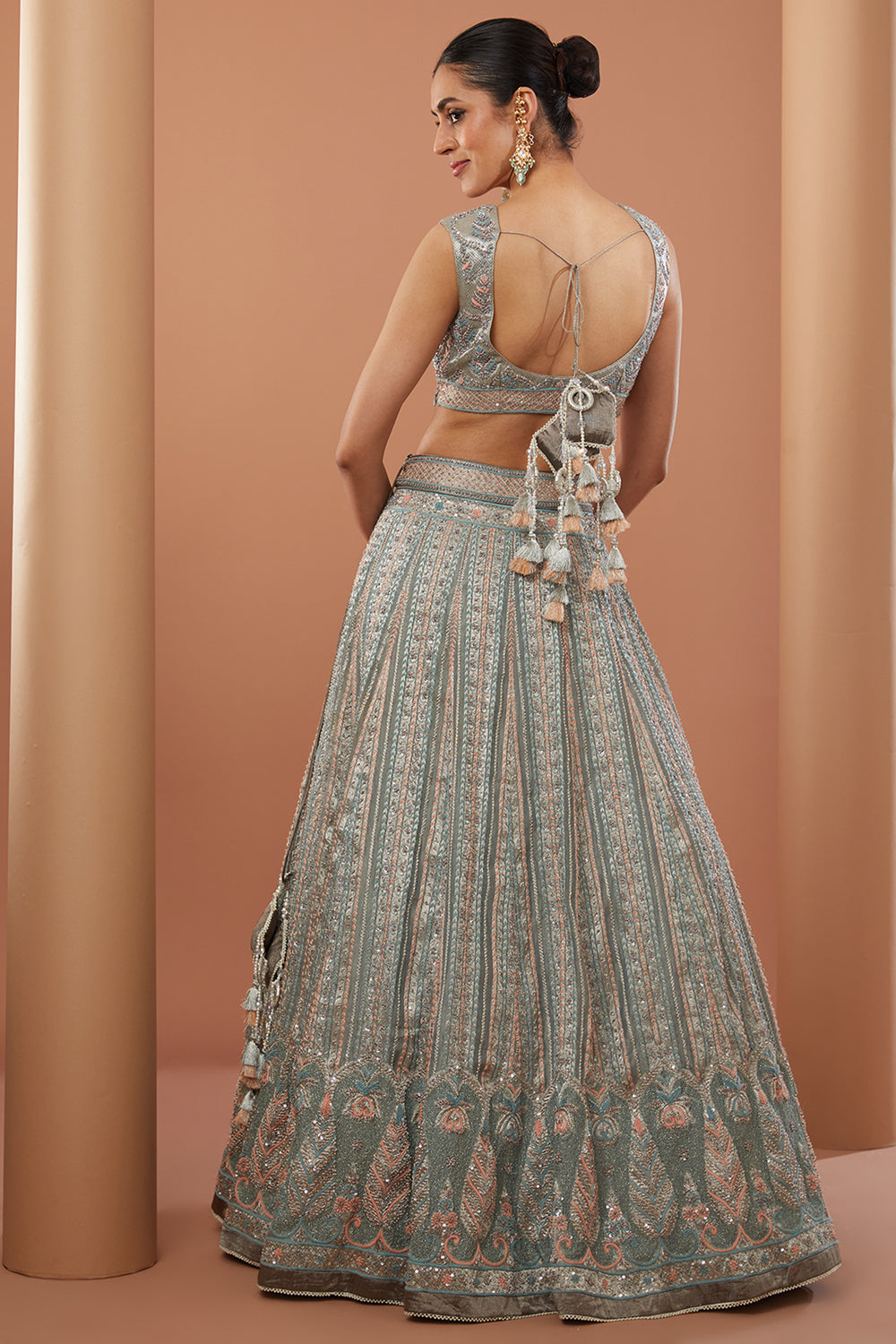 Grey Organza Tissue Hand Embroidered Lehanga Set - Auraya Fashion