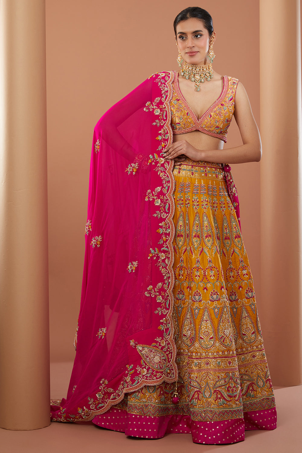 Yellow Raw Silk Hand Embroidered Lehenga Set