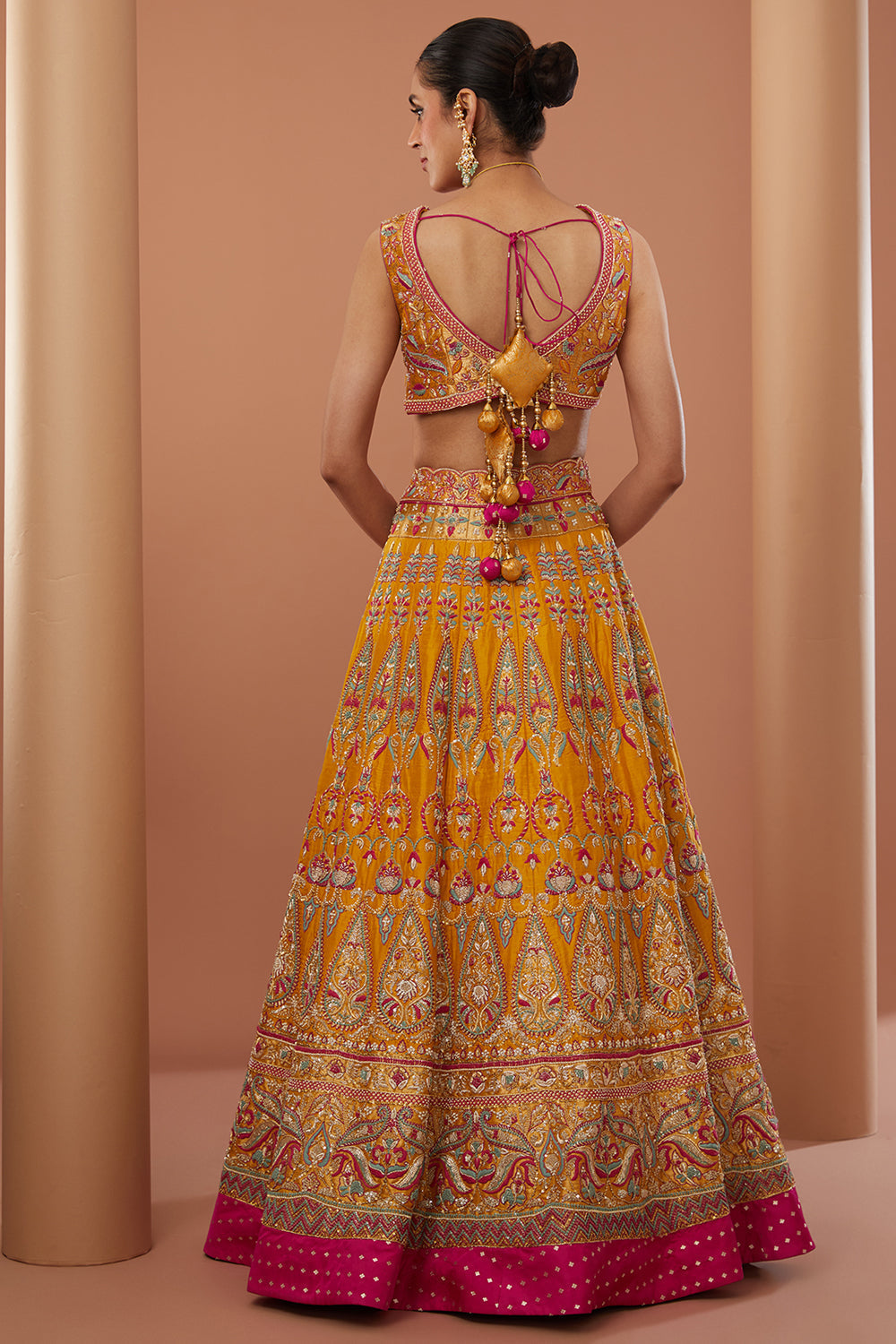 Yellow Raw Silk Hand Embroidered Lehenga Set