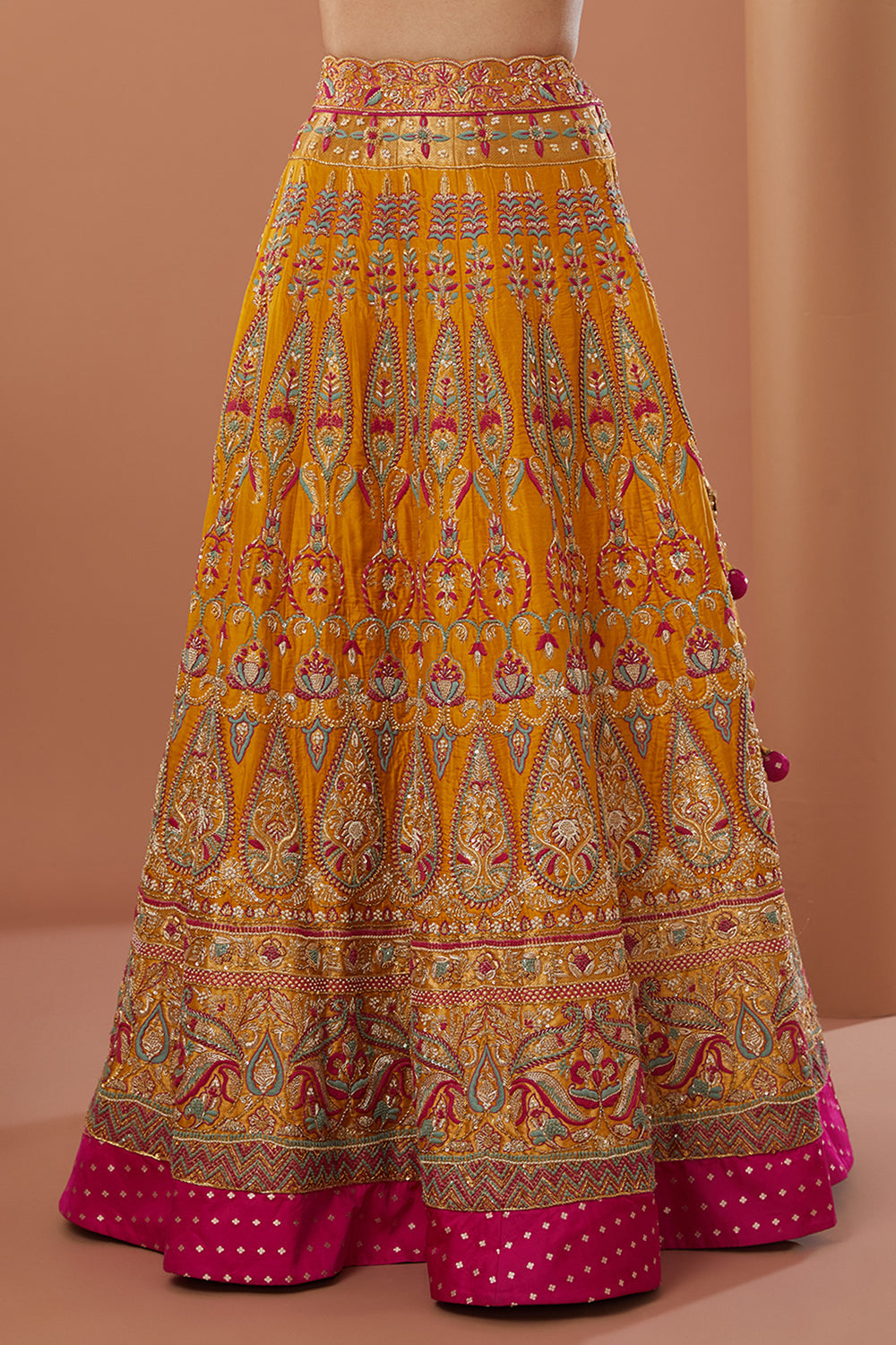 Yellow Raw Silk Hand Embroidered Lehenga Set