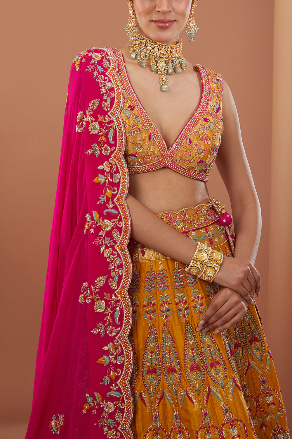 Yellow Raw Silk Hand Embroidered Lehenga Set