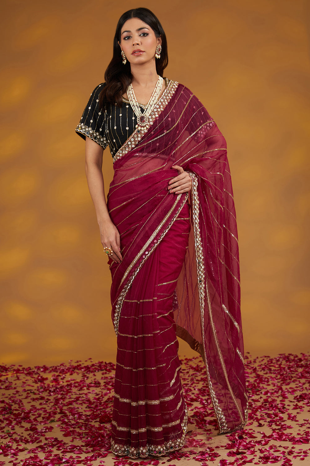 Maroon Organza Hand Embroidered Saree Set - Auraya Fashion - House of Supriya -