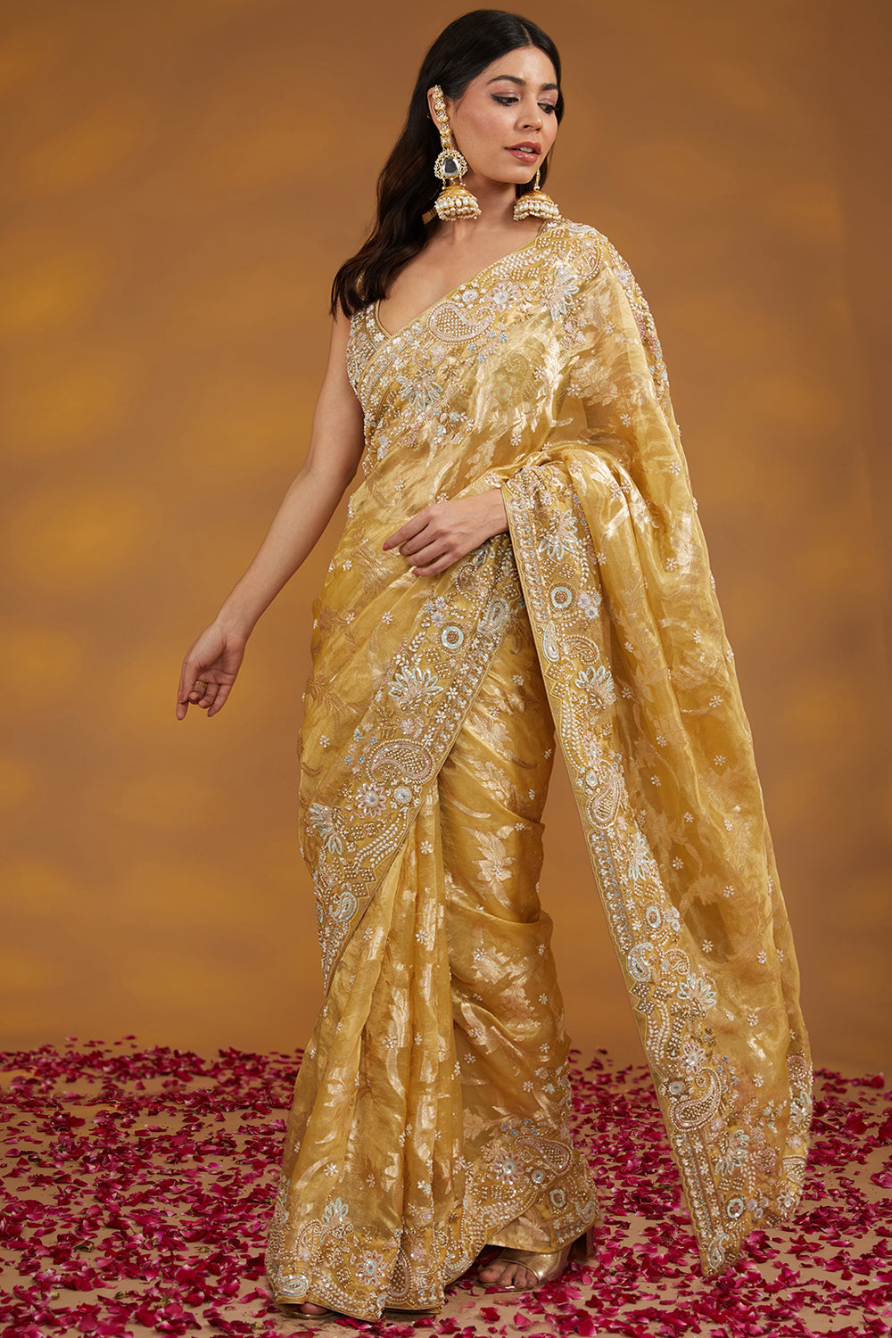 Gold Organza Tissue Hand Embroidered Saree Set - Auraya Fashion - House of Supriya -