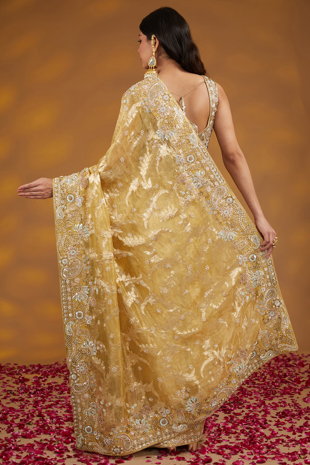 Gold Organza Tissue Hand Embroidered Saree Set - Auraya Fashion