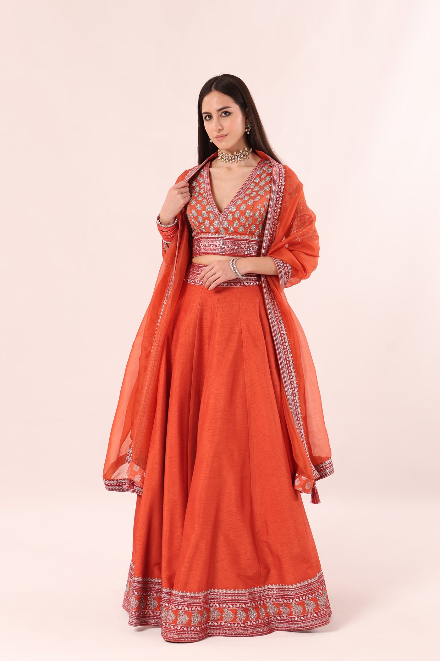 Burnt-Orange Hand-Embroidered Pure Raw-Silk Lehenga-Blouse-Dupatta Set