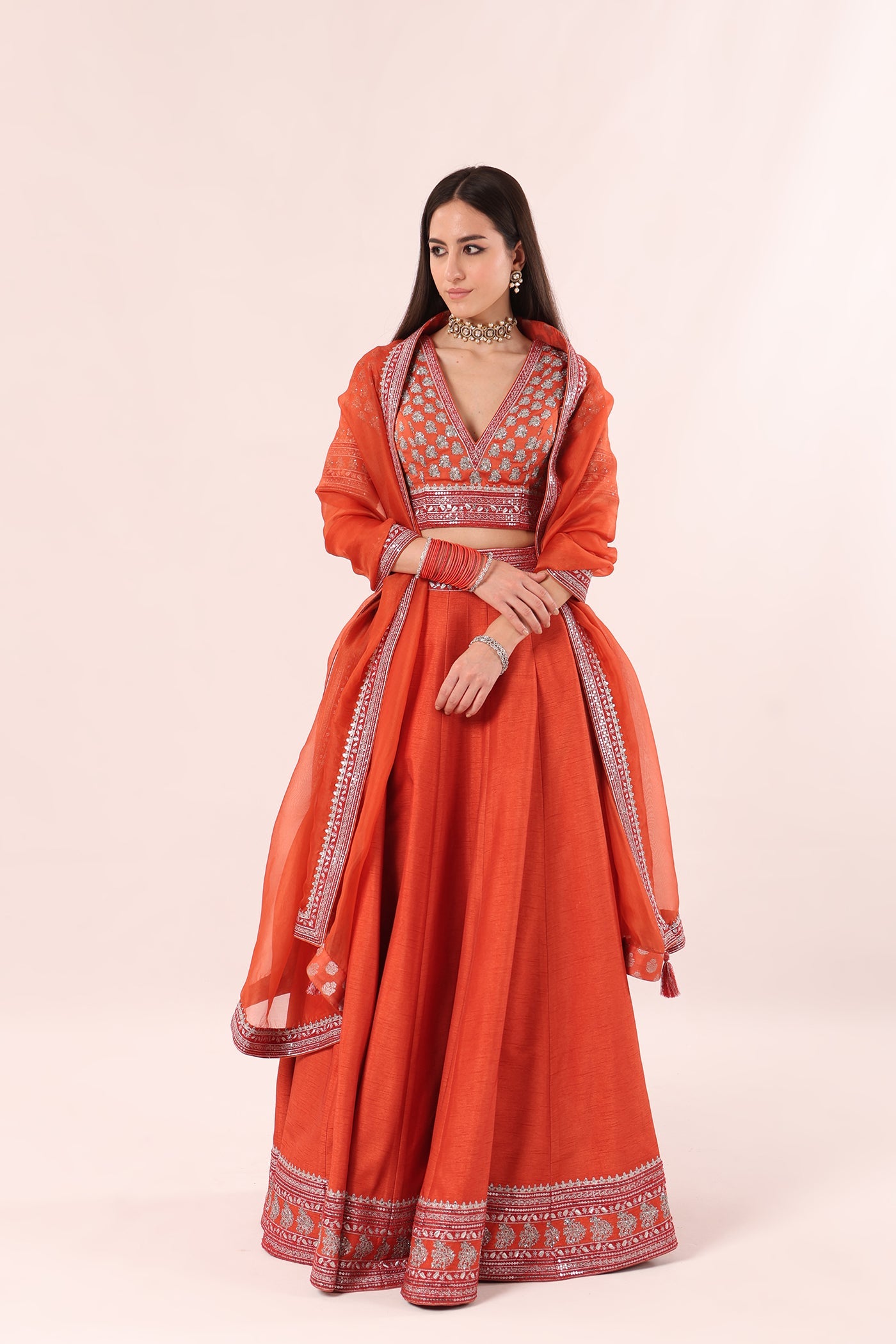Burnt-Orange Hand-Embroidered Pure Raw-Silk Lehenga-Blouse-Dupatta Set
