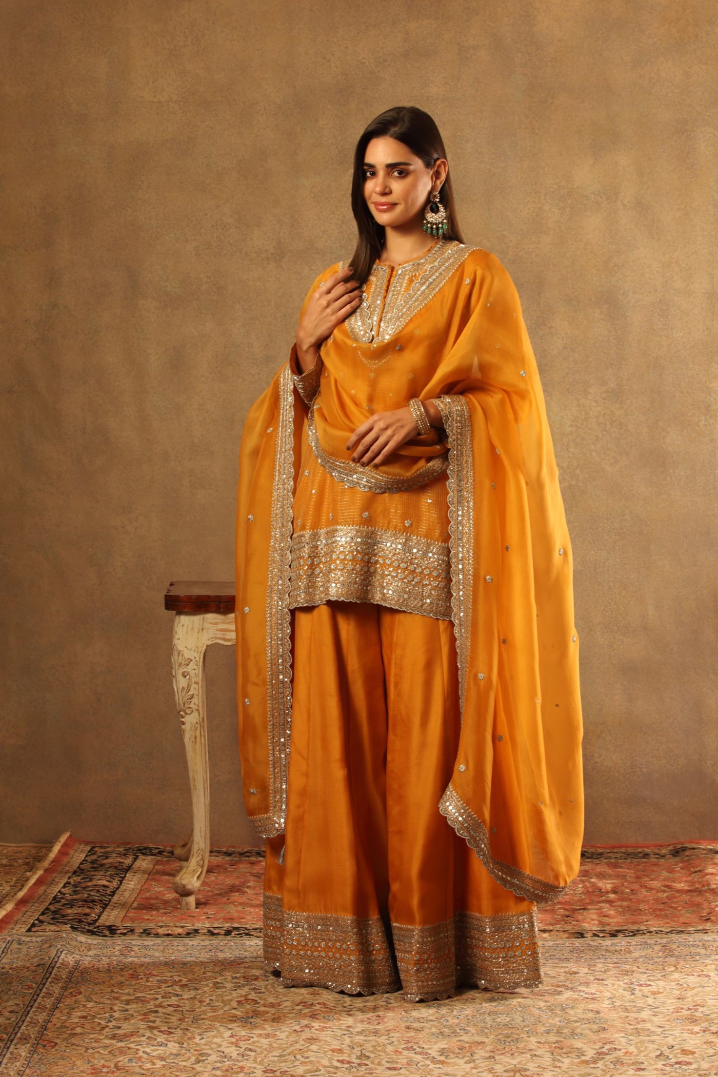 Hand Embroidered Mango Yellow Pure Silk Organza Kurta Sharara Set