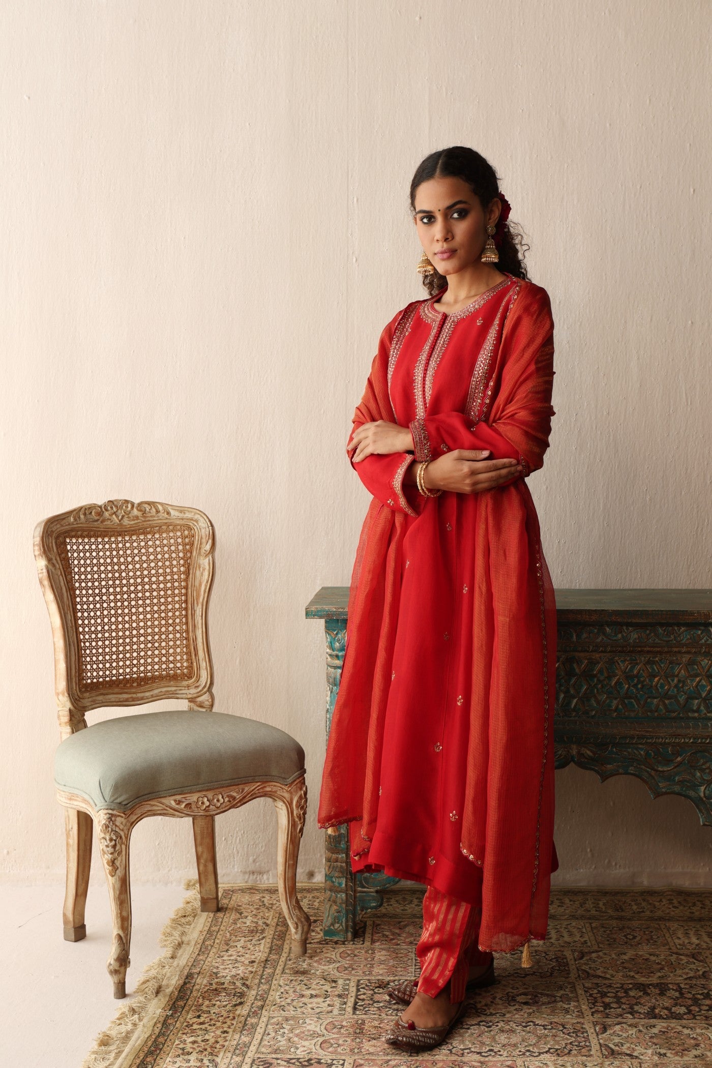 BRIDAL-RED HAND-EMBROIDERED PURE SILK-ORGANZA KURTA-PANTS SET
