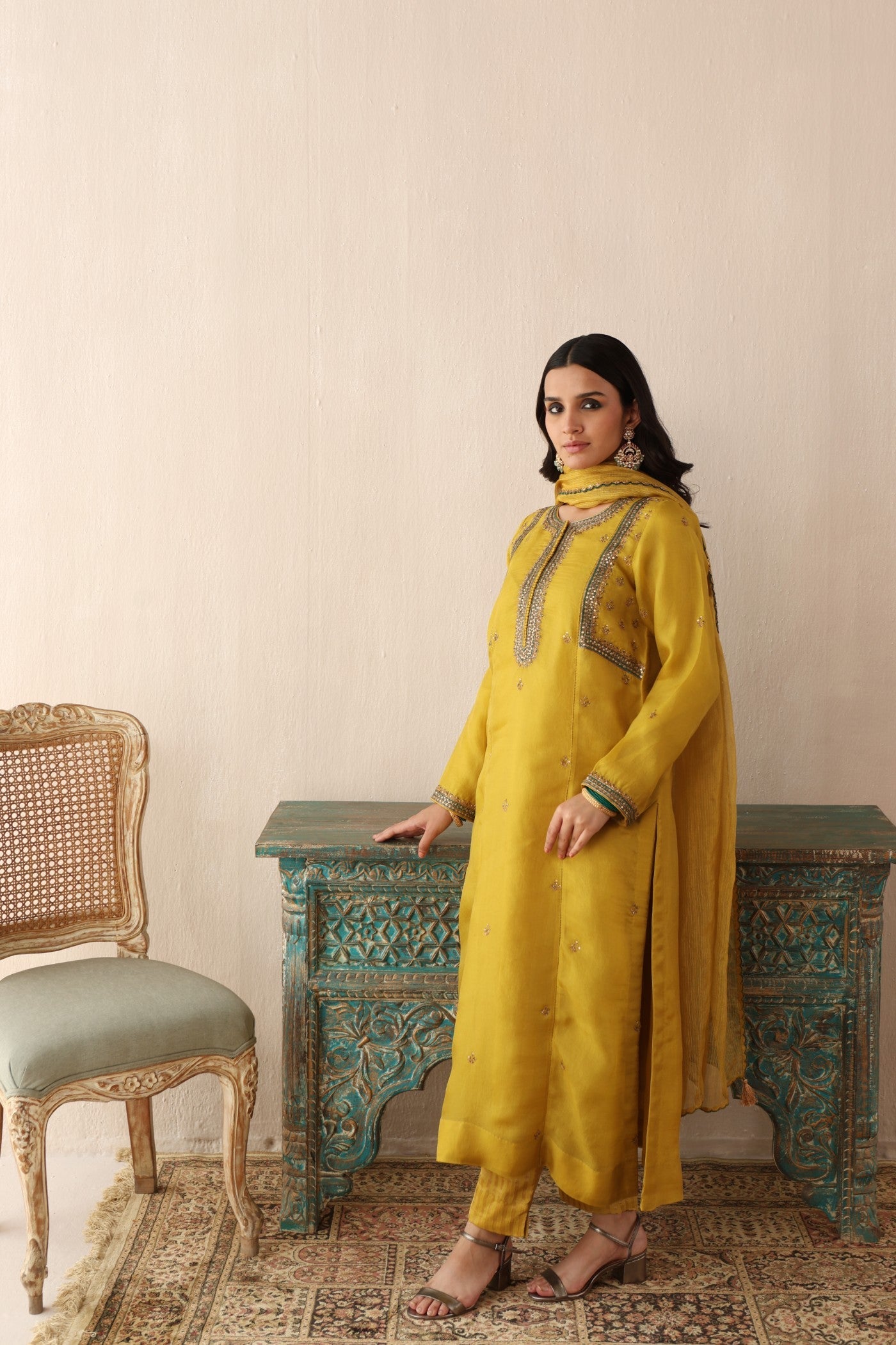LIME-GREEN HAND-EMBROIDERED PURE SILK-ORGANZA KURTA-PANTS SET