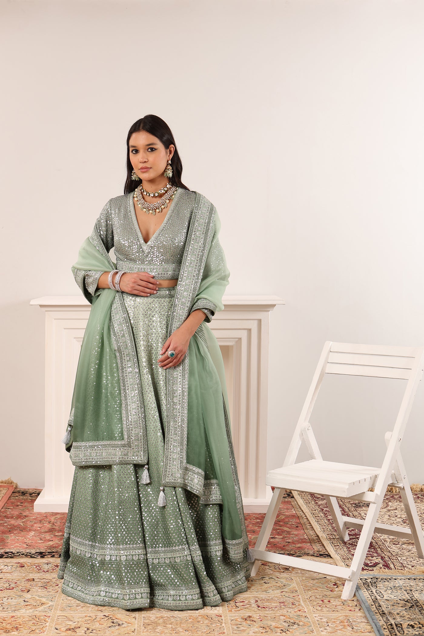 Fern-Green (Ombre Dyed) Embroidered Chaand-Buta Lehenga-Set With Blouse & Dupatta