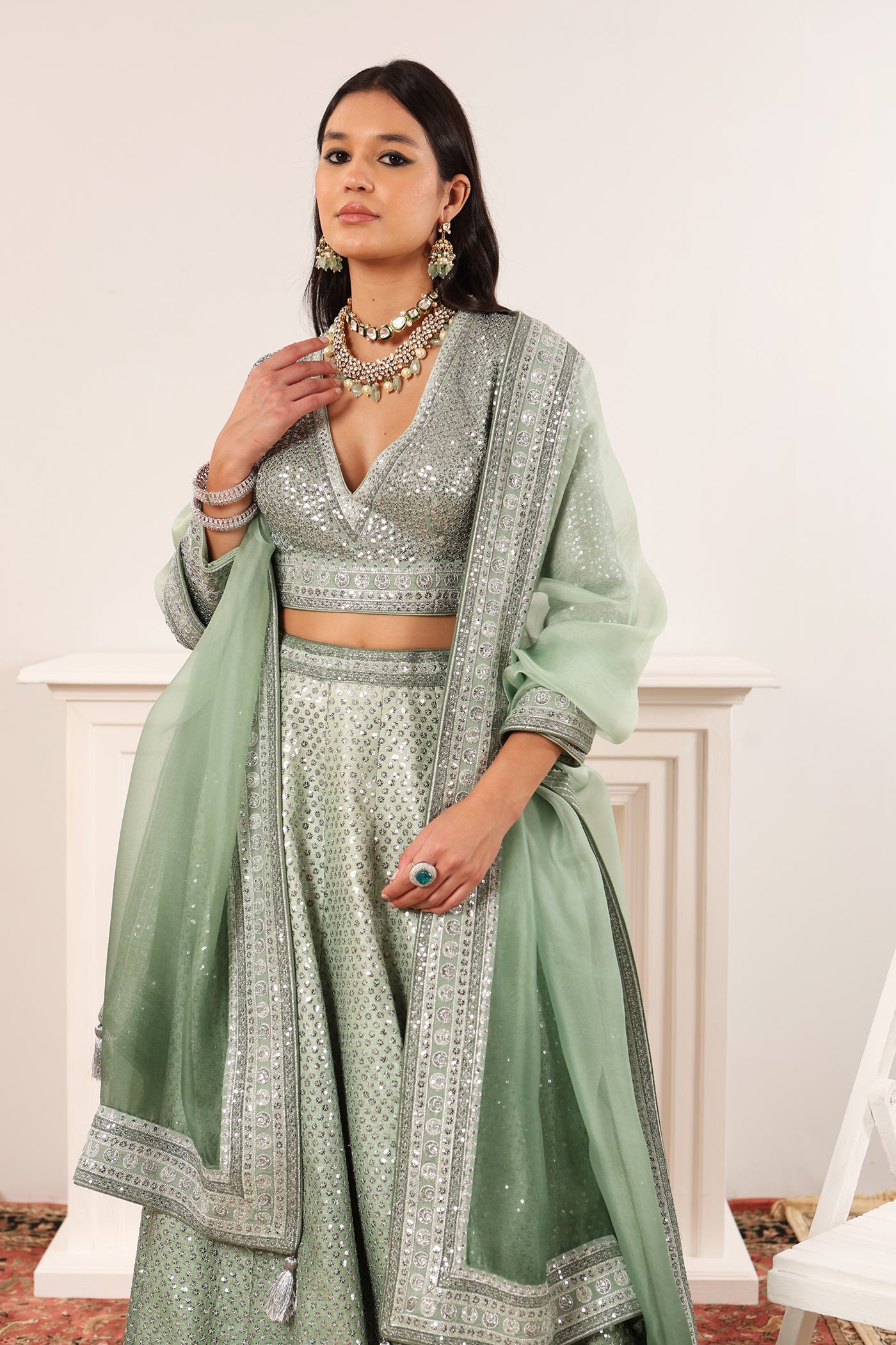 Fern-Green (Ombre Dyed) Embroidered Chaand-Buta Lehenga-Set With Blouse & Dupatta