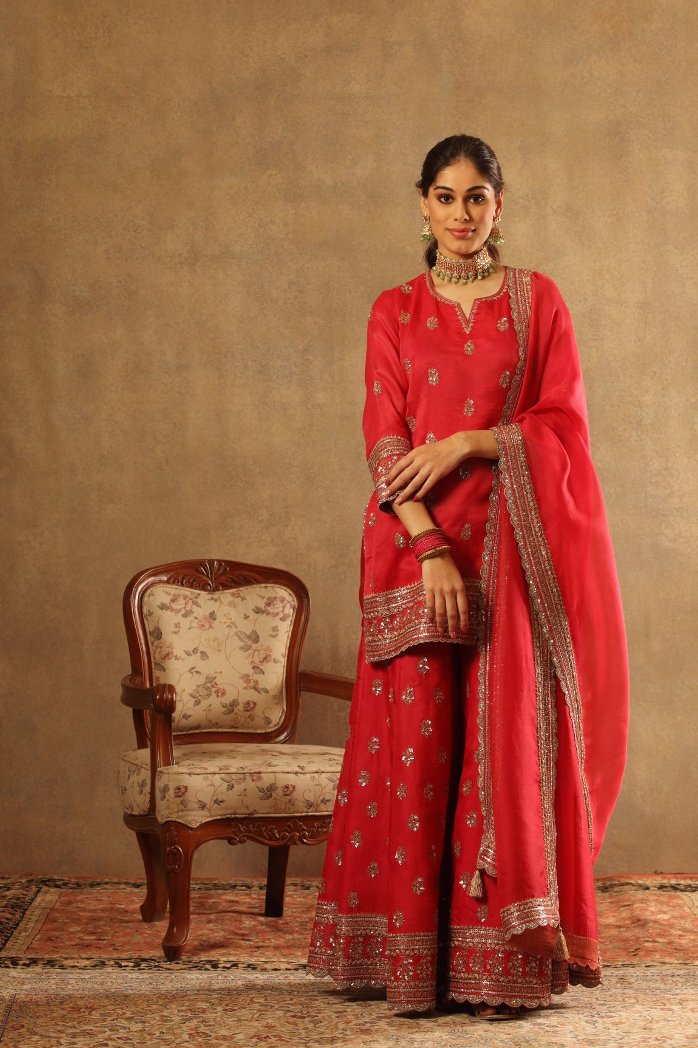 Hand Embroidered Carmine Pink Pure Silk Organza Kurta Sharara Set