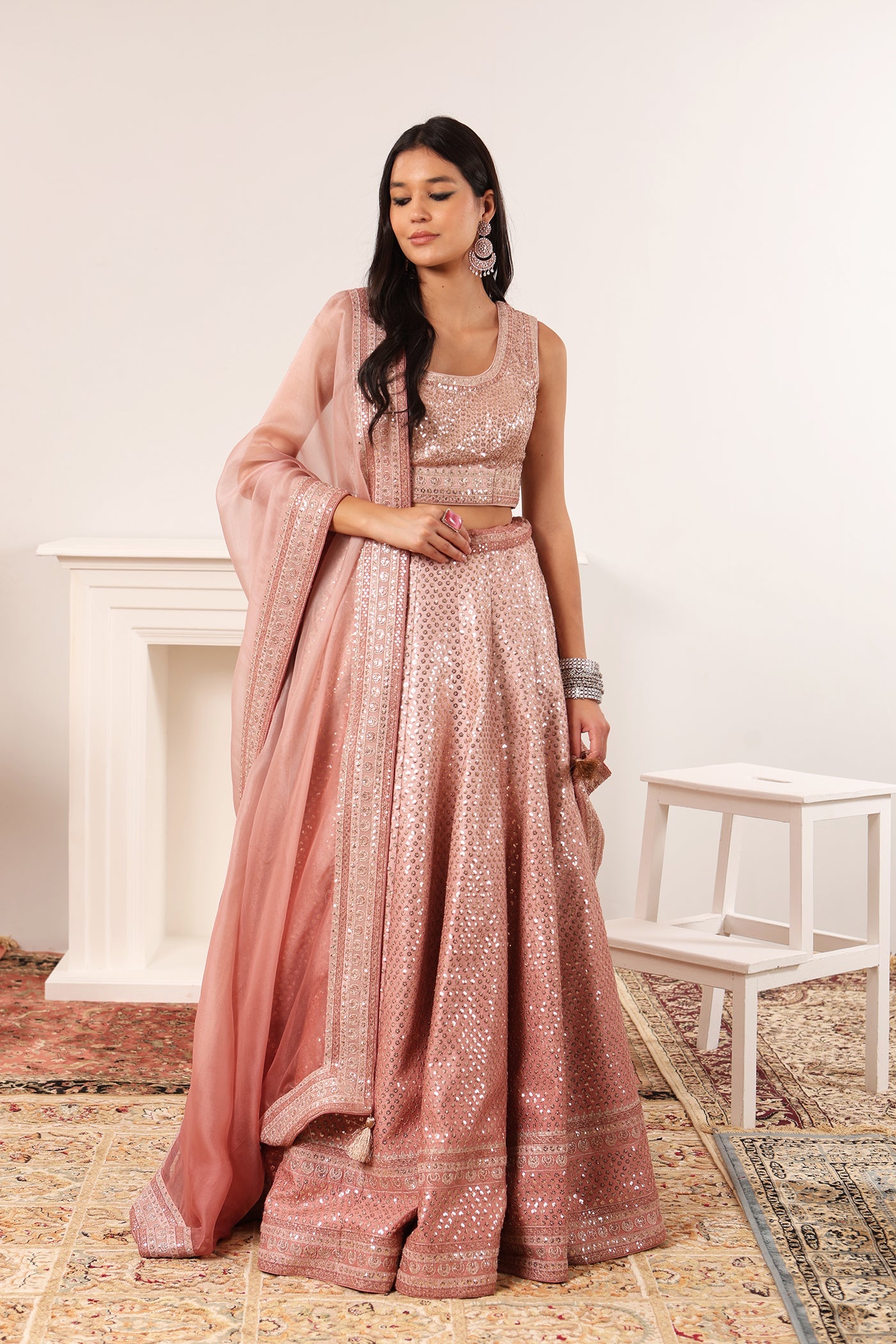 Dusty-Pink (Ombre Dyed) Embroidered Chaand-Buta Lehenga-Set With Blouse & Dupatta