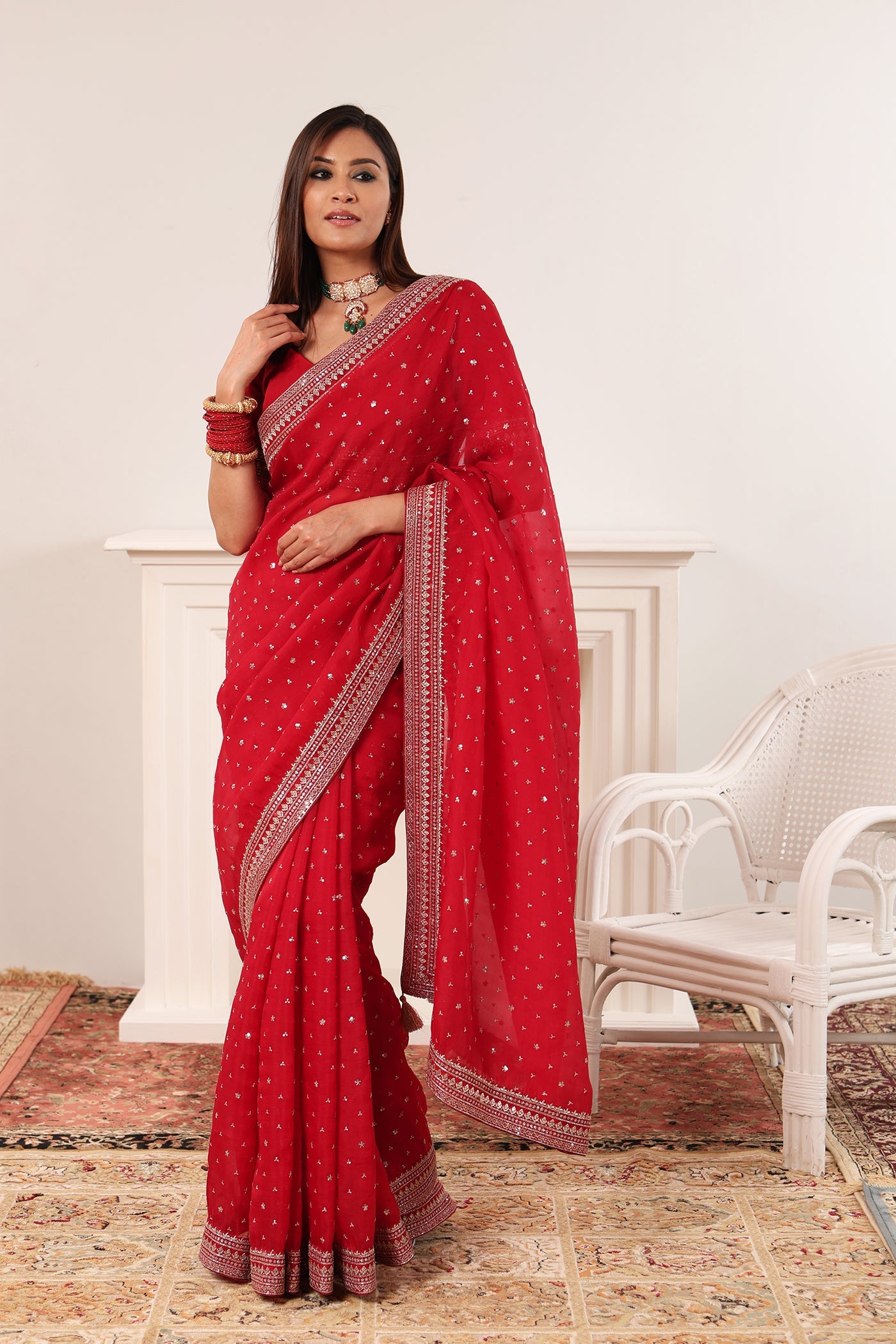 Bridal-Red Hand-Embroidered Pure Silk-Organza Saree-Blouse Set