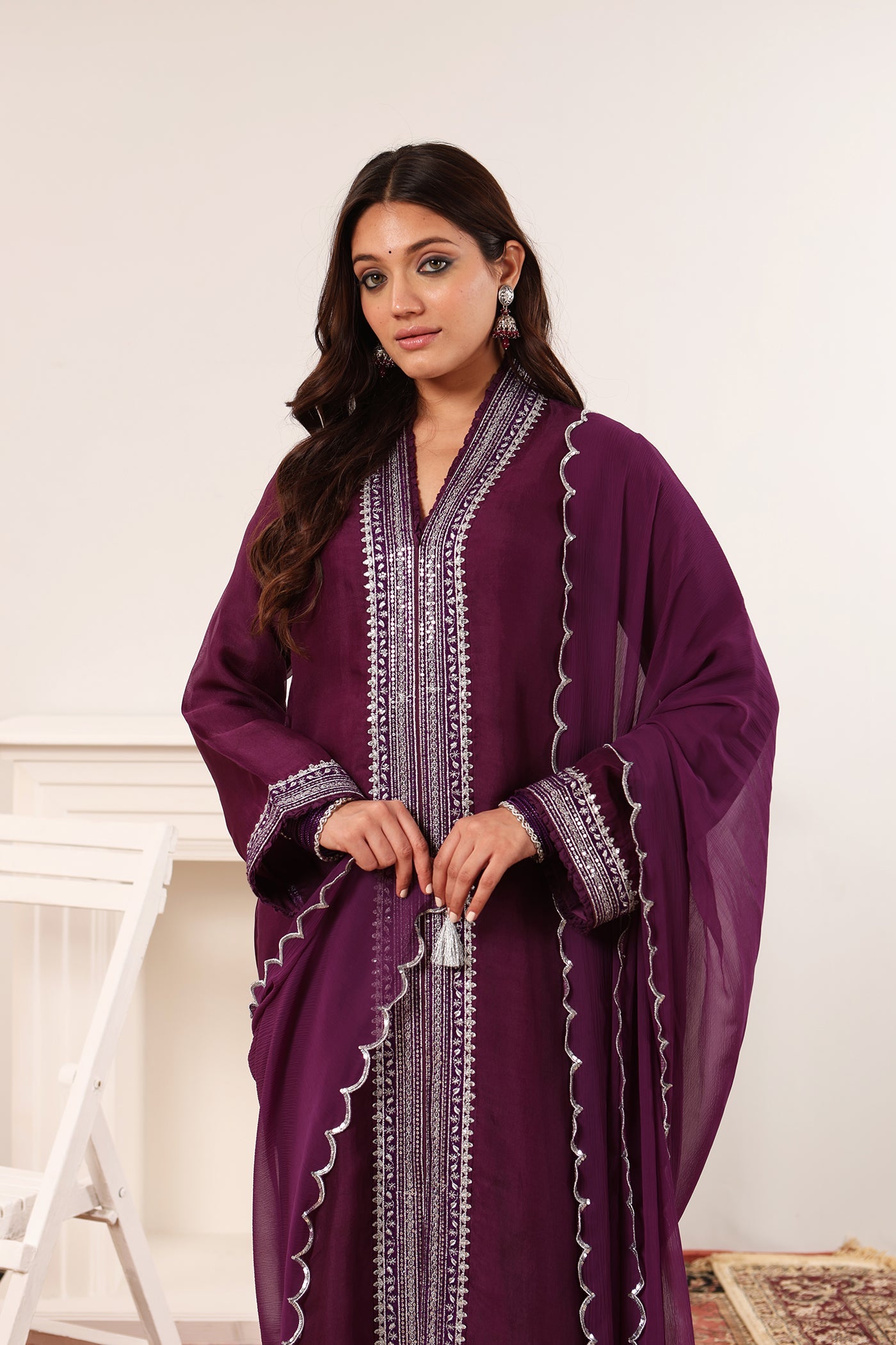 Aubergine Embroidered Pure Silk-Organza Kurta-Pants Set