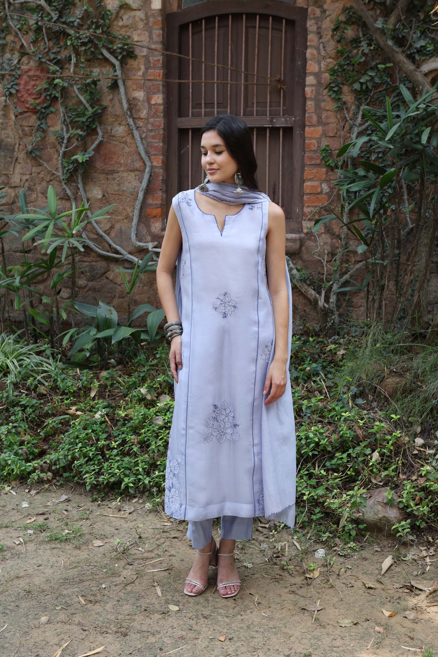 Forever-Blue Pure Silk Organza Embroidered (Applique & Cuwork) Sleeveless Kurta-Pants Set