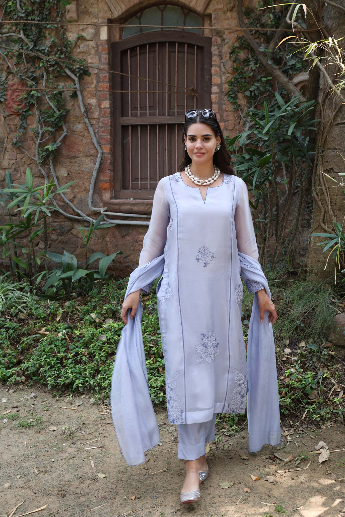 Forever-Blue Pure Silk Organza Embroidered (Applique & Cuwork) Kurta- Pants Set