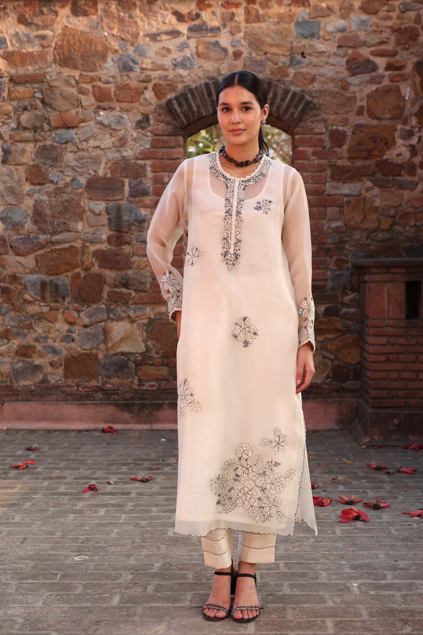 Embroidered (Applique & Cuwork) Ivory Pure Silk-Organza Kurta-Pants Set