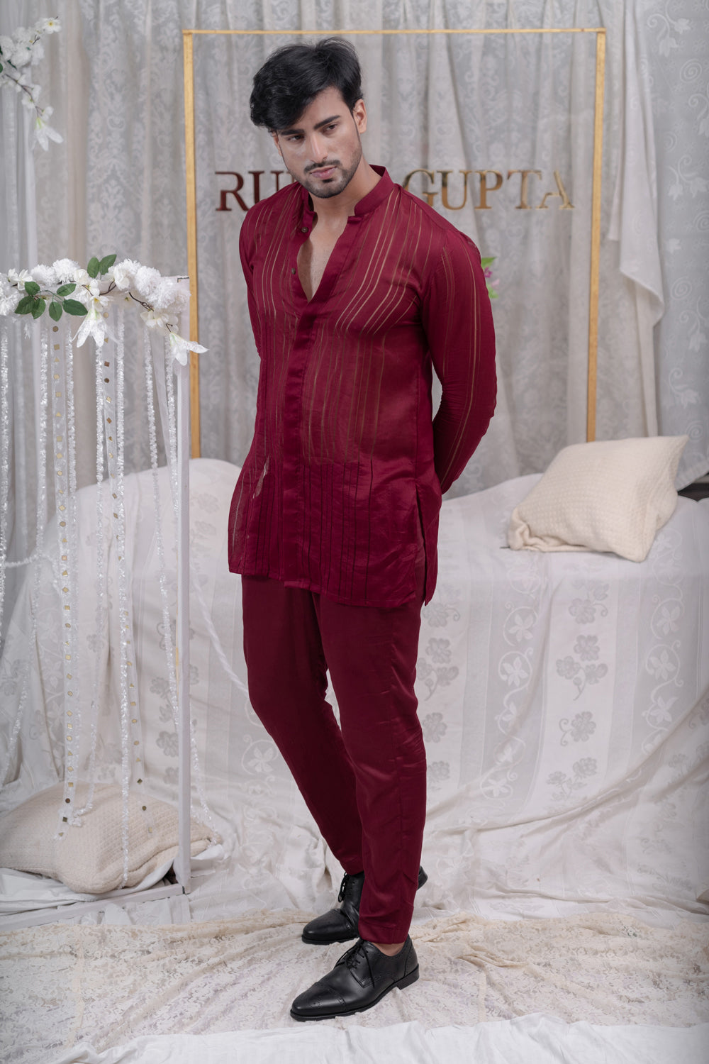 Maroon Pulled Threadshirt Kurta Set - Auraya Fashion - Runit Gupta - #tag1# - #tag2# - #tag3# - #tag3#