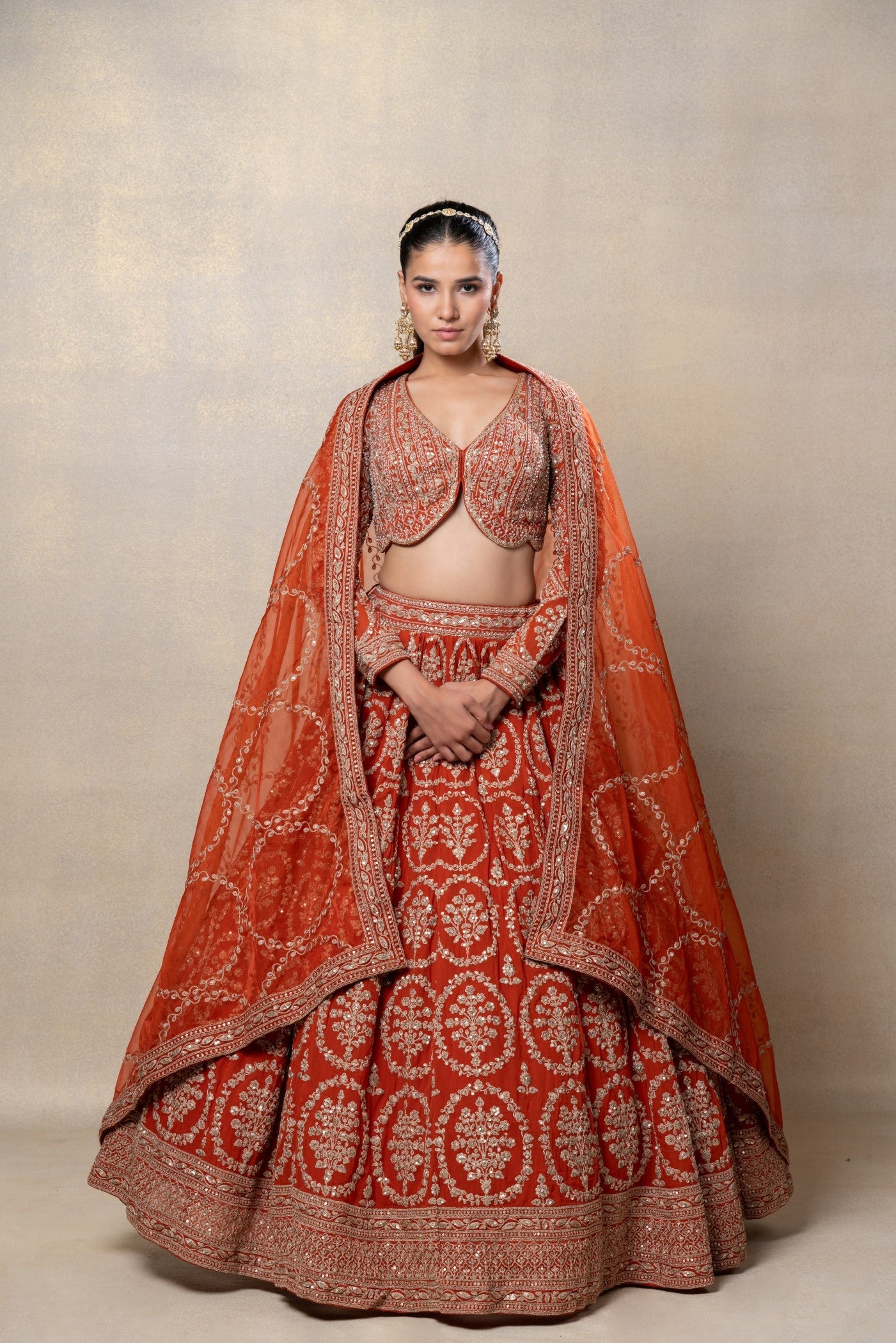 Mustard heavily embellished georgette organza lehenga set
