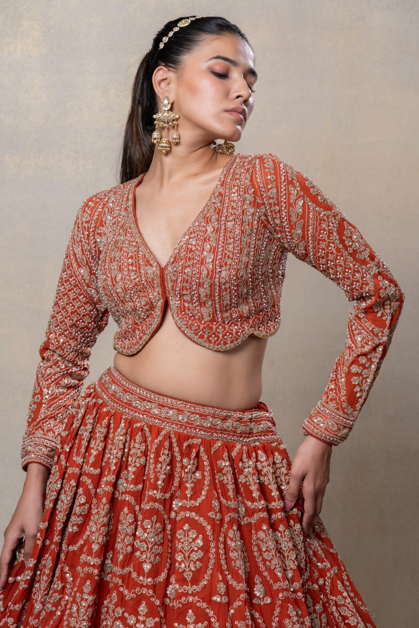 Mustard heavily embellished georgette organza lehenga set