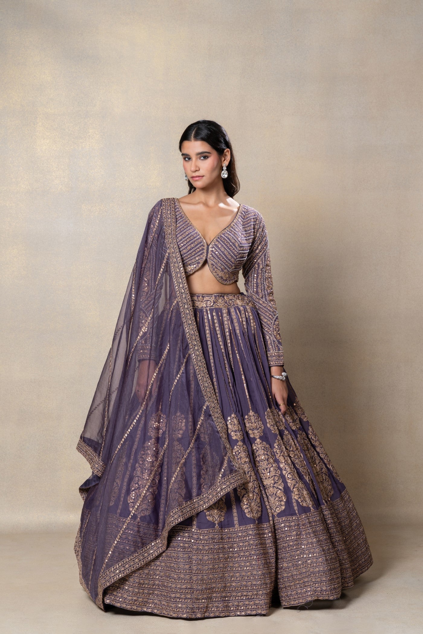 Iris purple heavily embellished georgette organza lehenga set