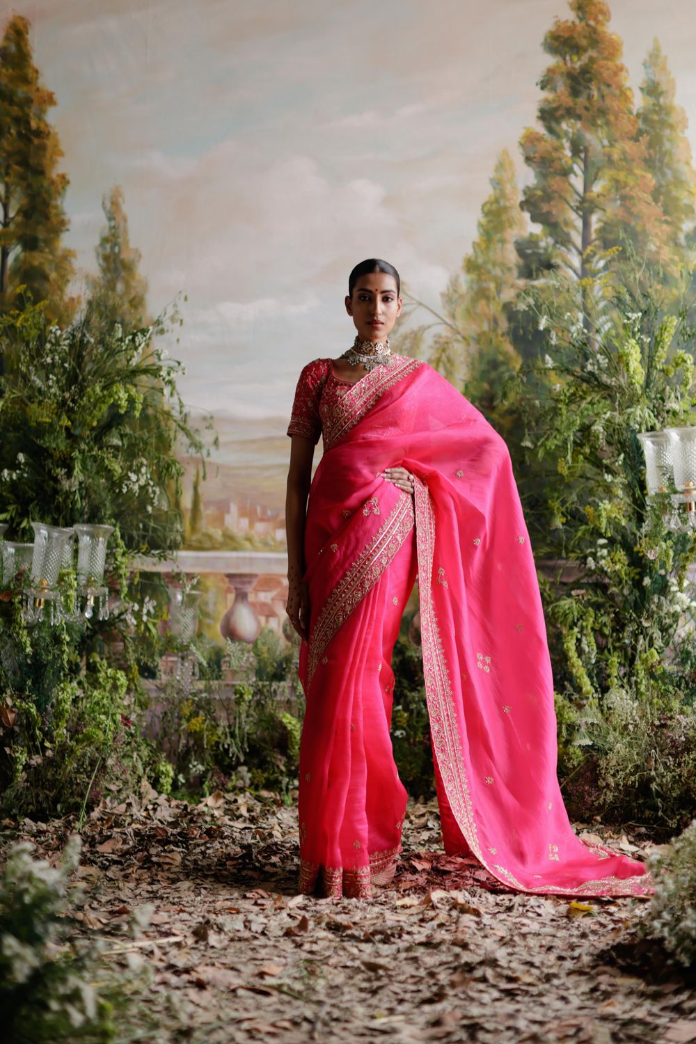 Hot Pink Organza Saree Set - Auraya Fashion - Jigar Mali -