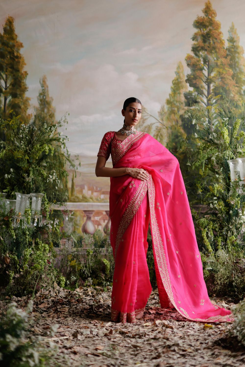 Hot Pink Organza Saree Set - Auraya Fashion