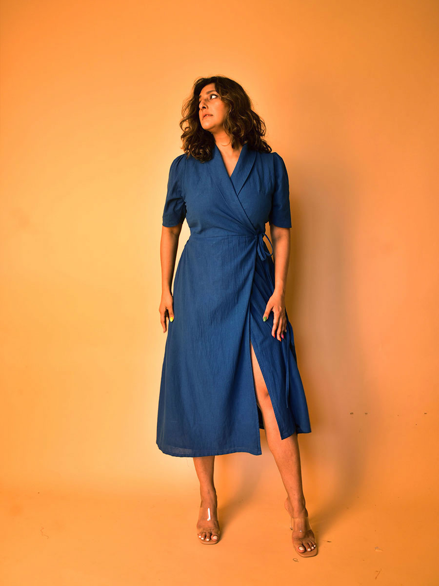 Blue Kaala Cotton Wrap Dress for Women