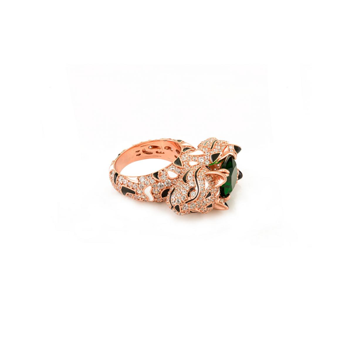 925 Sterling Silver Rose Gold Dual Panther Ring with Emerald