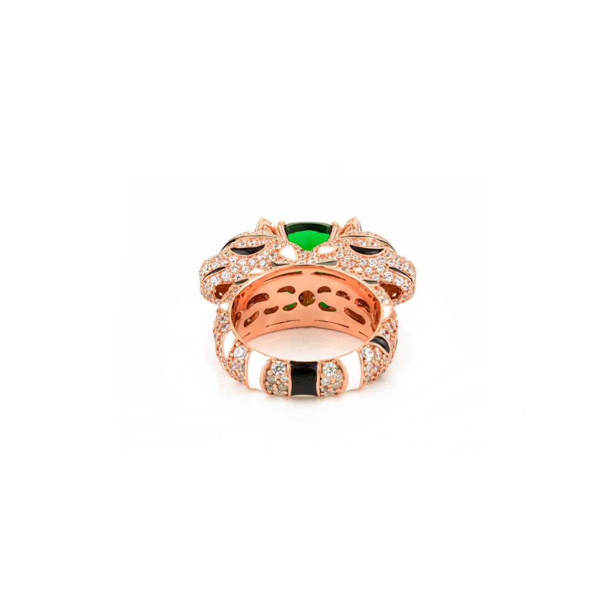 925 Sterling Silver Rose Gold Dual Panther Ring with Emerald