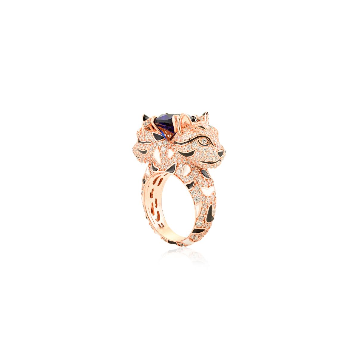 925 Sterling Silver Rose Gold Dual Panther Ring with Blue Sapphire