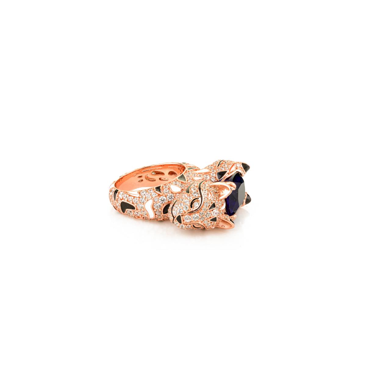 925 Sterling Silver Rose Gold Dual Panther Ring with Blue Sapphire