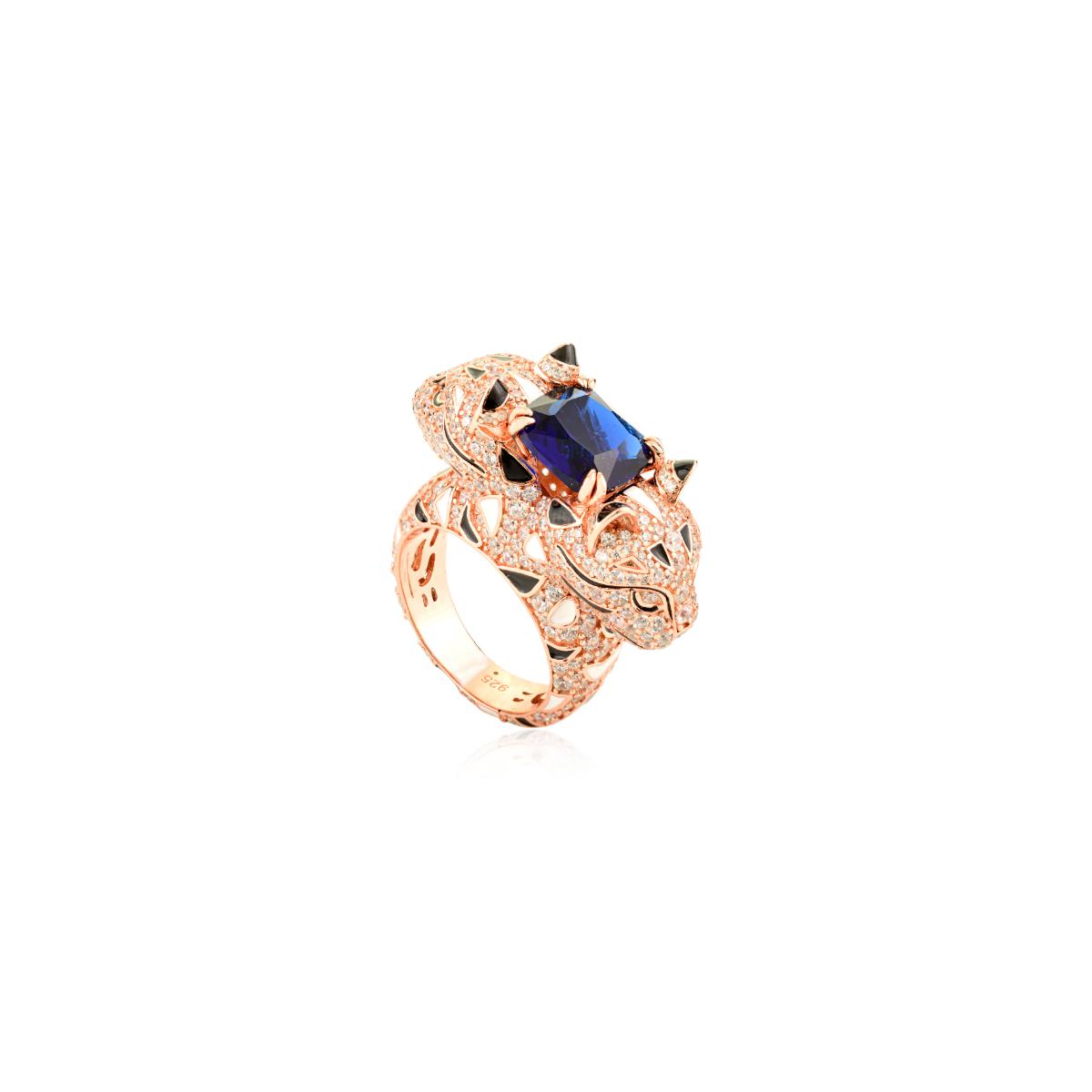 925 Sterling Silver Rose Gold Dual Panther Ring with Blue Sapphire
