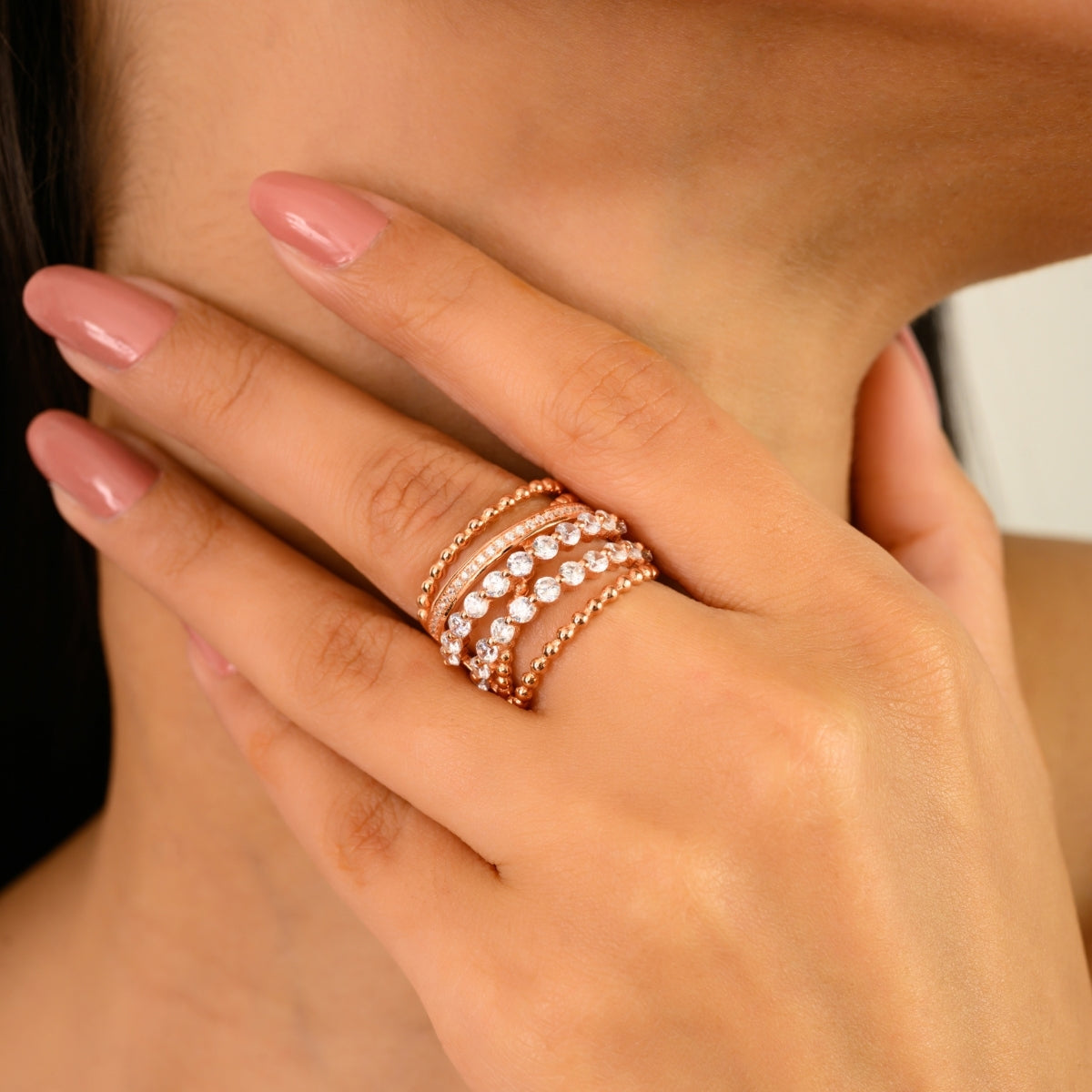 925 Sterling Silver Rose Gold Multi Layer Ring
