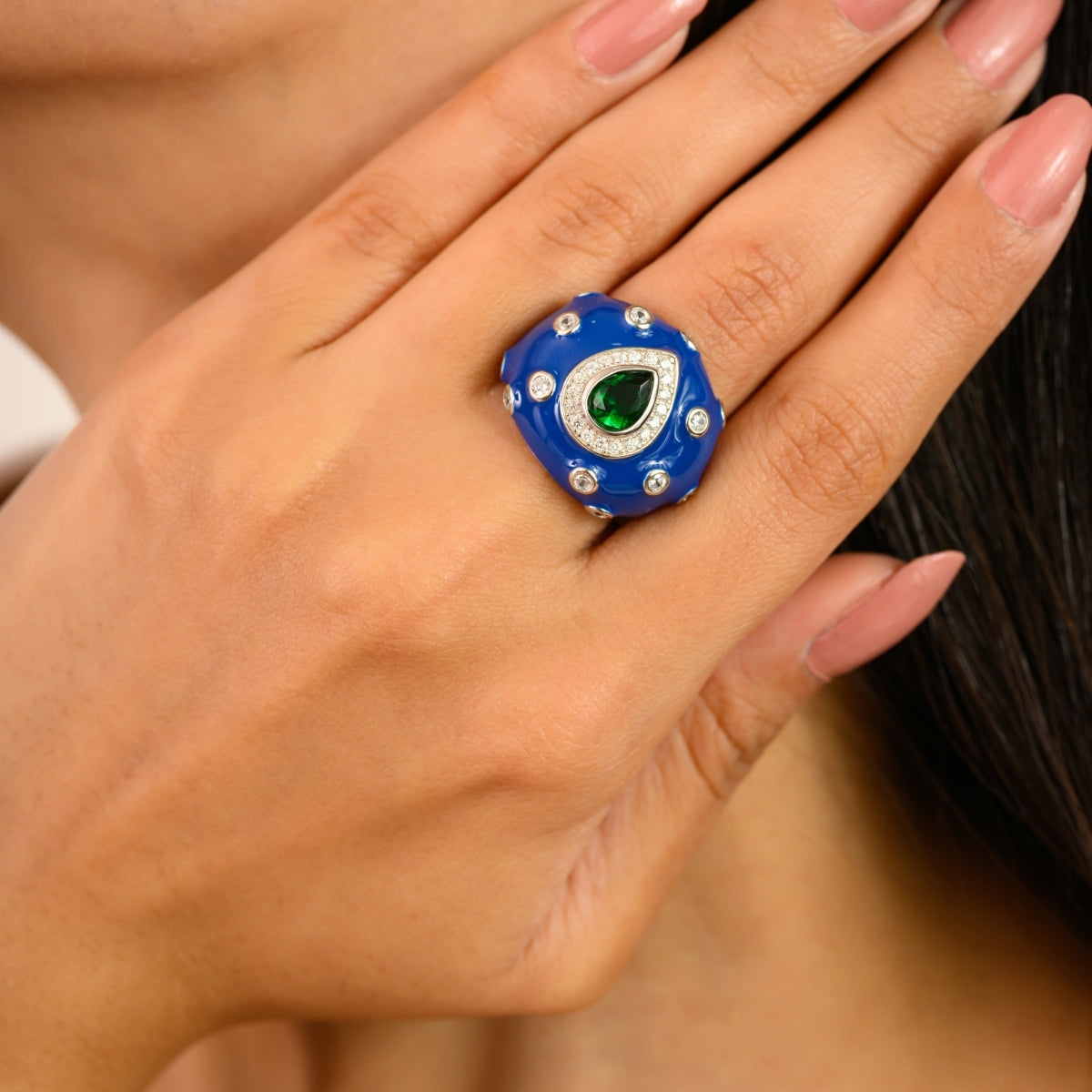 925 Sterling Silver Blue Enamel with Green Pear Retro Ring
