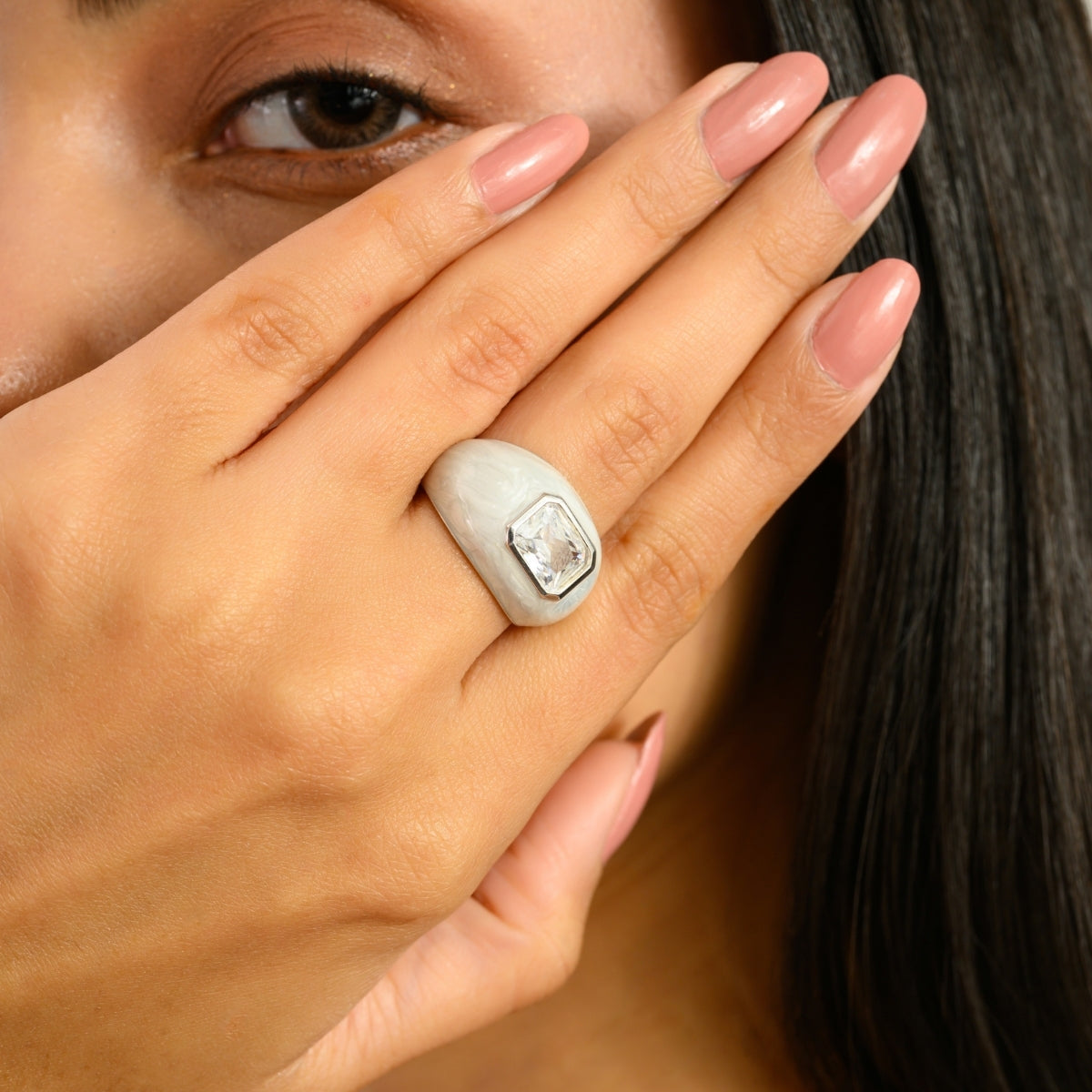 925 Sterling Silver White Enamel Solitaire Ring