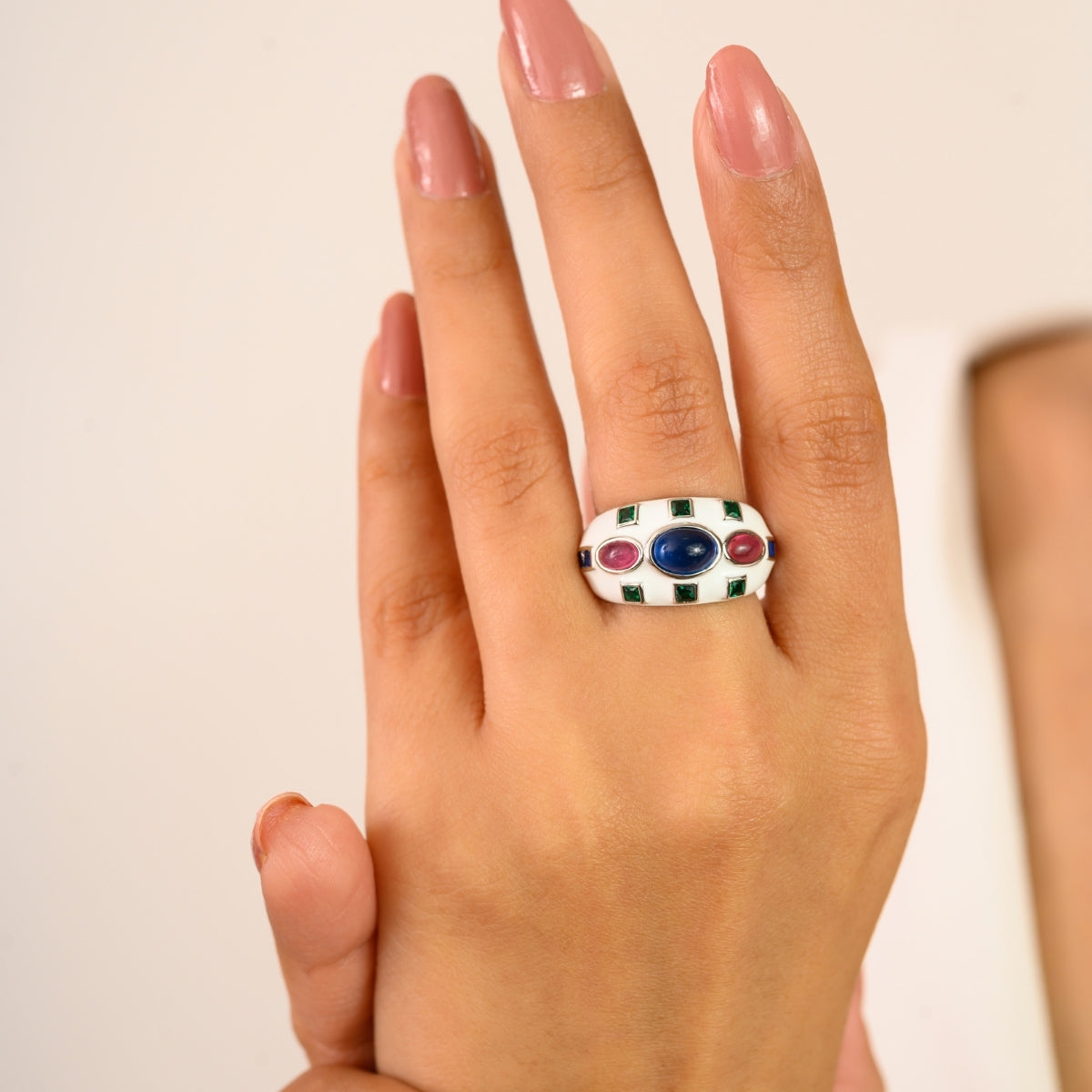 925 Sterling Silver Multi Coloured Vintage Ring