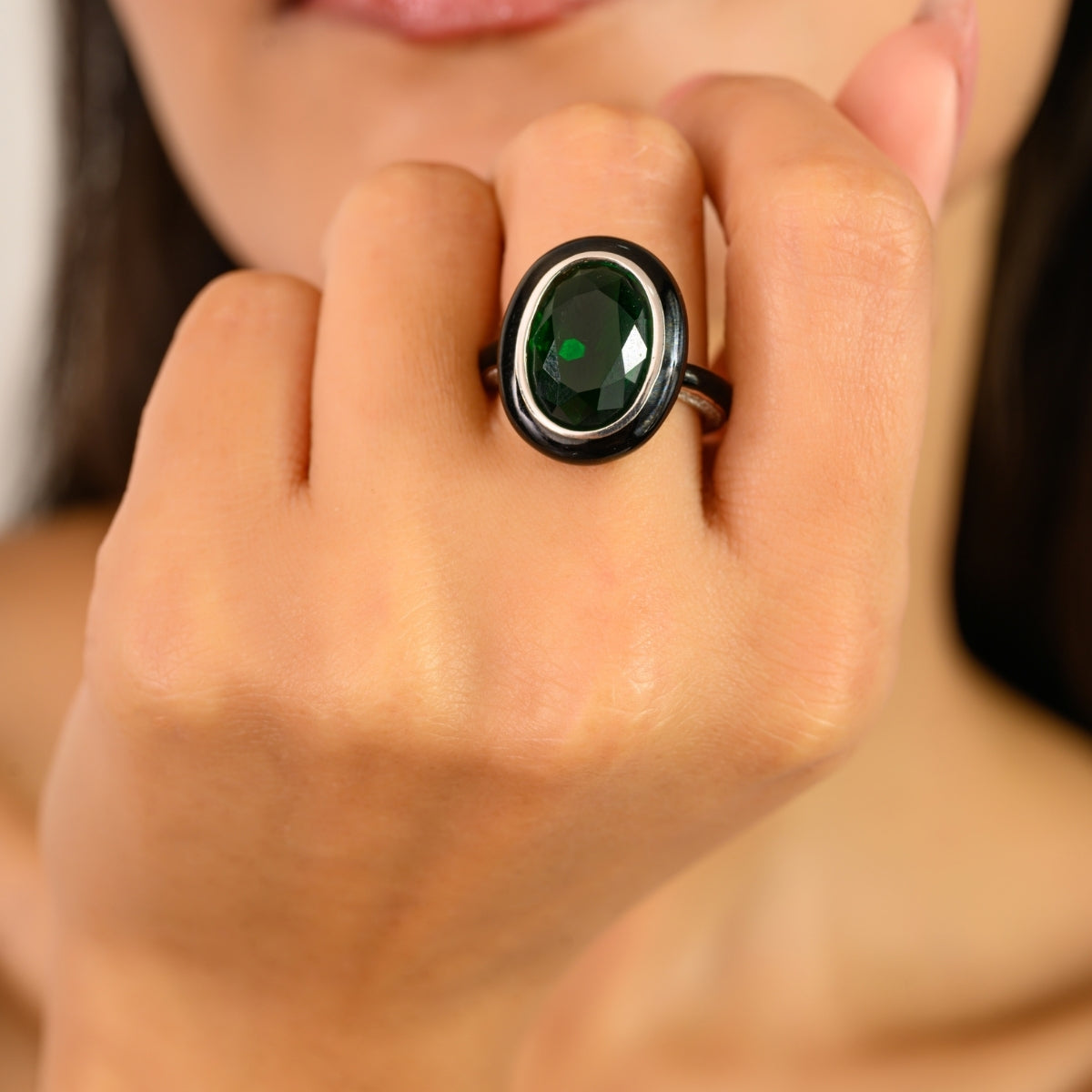 925 Sterling Silver Green Oval Retro Ring