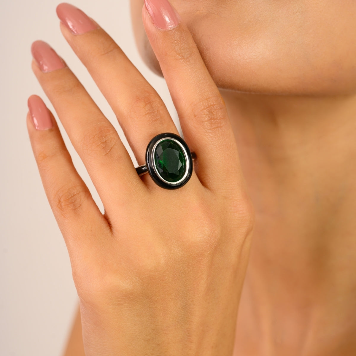 925 Sterling Silver Green Oval Retro Ring